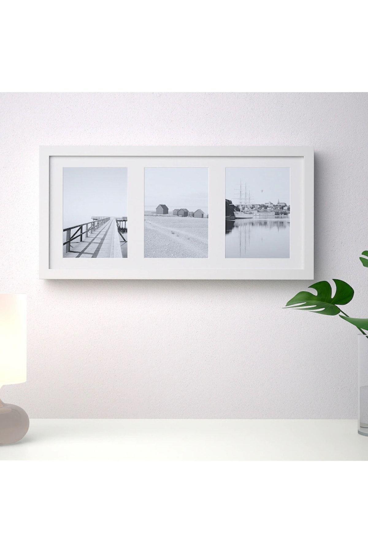Rıbba Beyaz 3 Lü Çerçeve 50x23 Cm Beyaz Derin Kenarlı Ahşap Fotoğraf Resim Çerçevesi