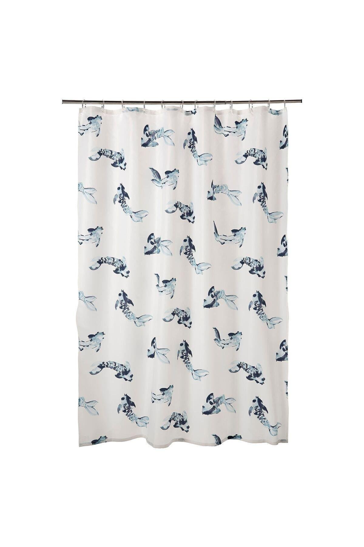 Vattensjön Su Geçirmez Balık Desenli Duş Perdesi 180 X 200 Cm Polyester Beyaz Mavi
