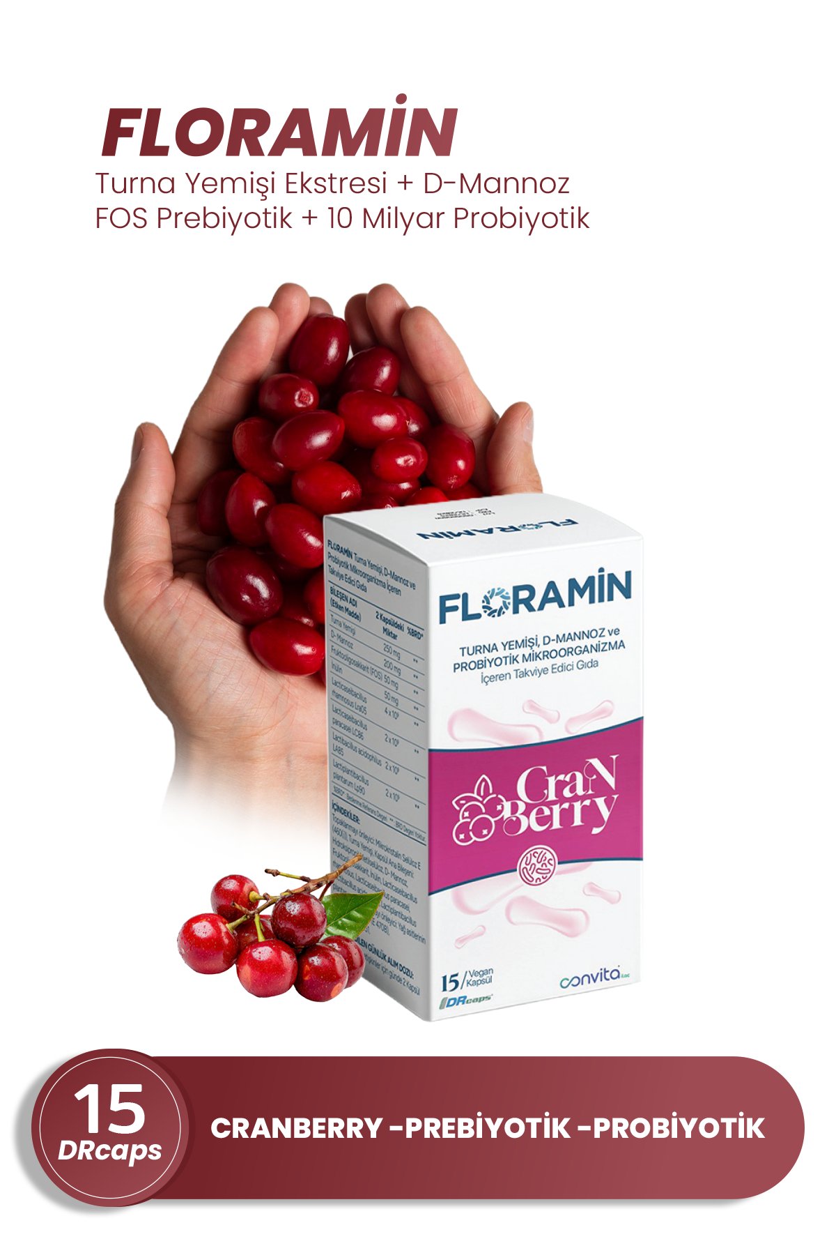 FLORAMİN TURNA YEMİŞİ D-MANNOZ PREBİYOTİK VE PROBİYOTİK İÇEREN TAKVİYE EDİCİ GIDA