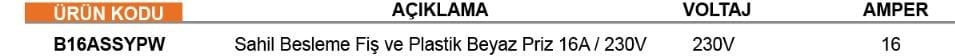 SAHİL BESLEME FİŞ VE PLASTİK BEYAZ PRİZ 16A/230V