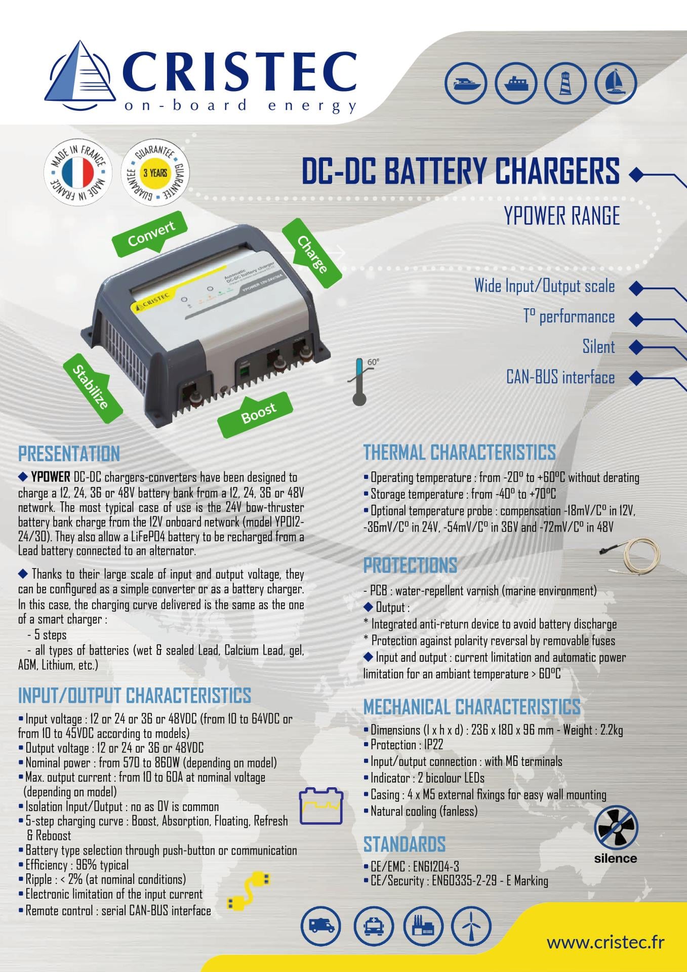 YPOWER DC-DC AKÜ ŞARJ CİHAZI/KONVERTÖR 24V-48V/15A TEK ÇIKIŞ FANSIZ