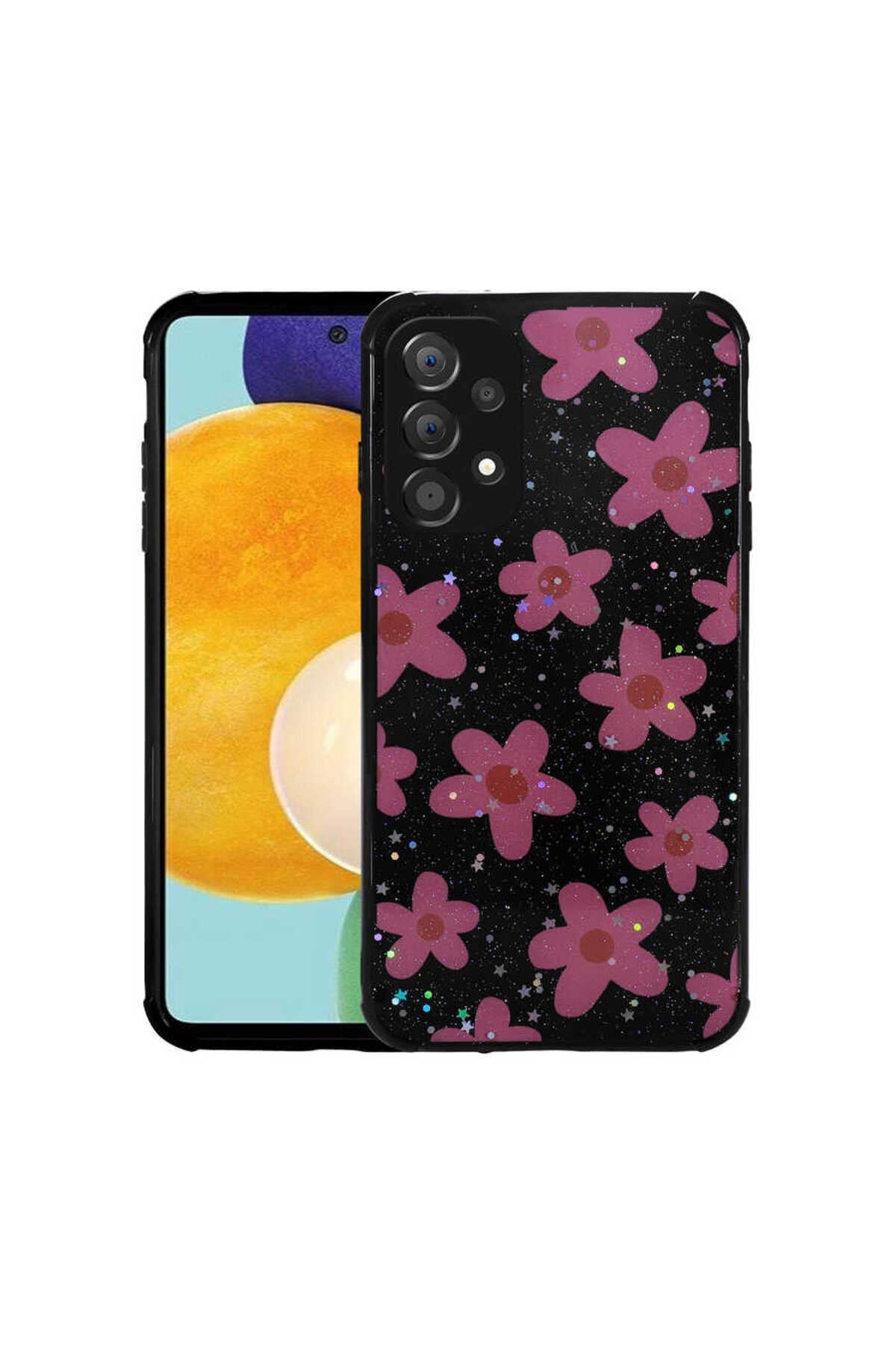 Galaxy A23 Kılıf Simli Desenli Kamera Korumalı Parlak NVTH Popy Kapak - Çiçek