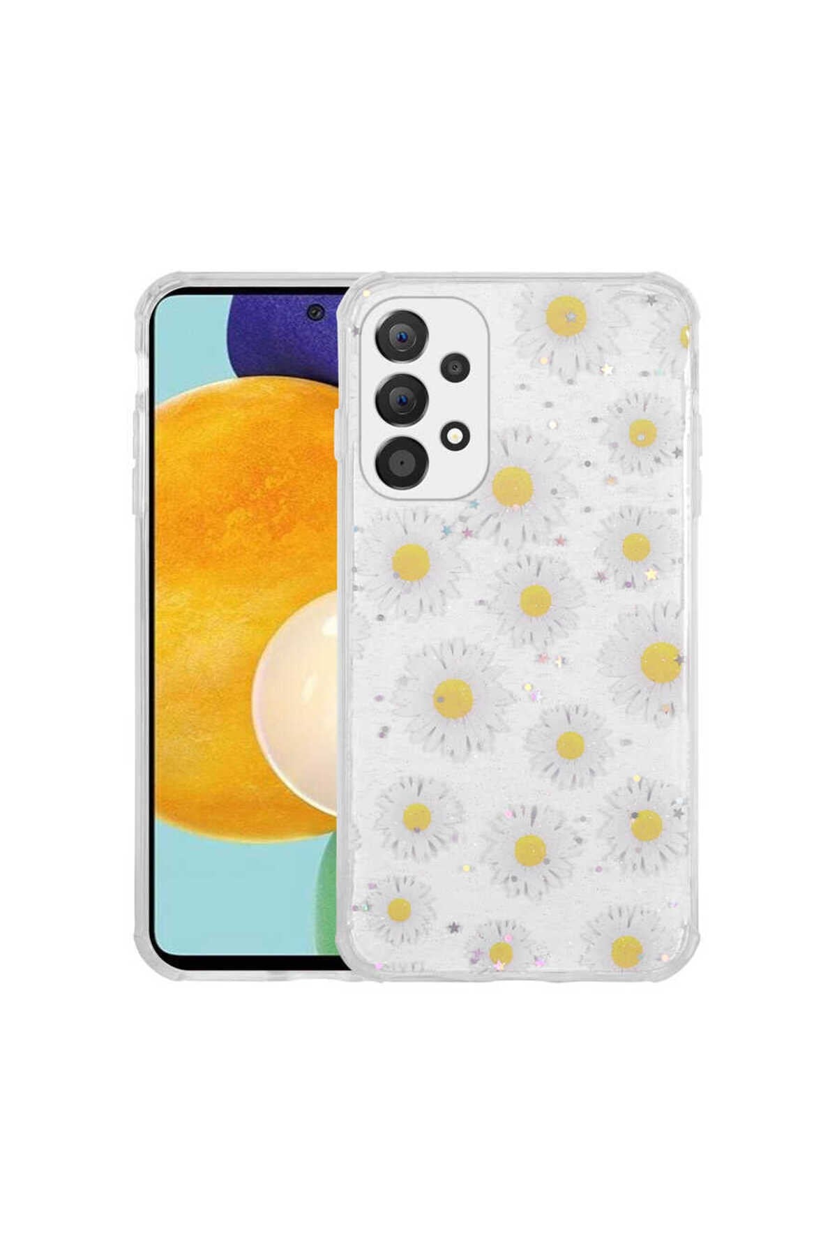 Galaxy A23 Kılıf Simli Desenli Kamera Korumalı Parlak NVTH Popy Kapak - Papatya