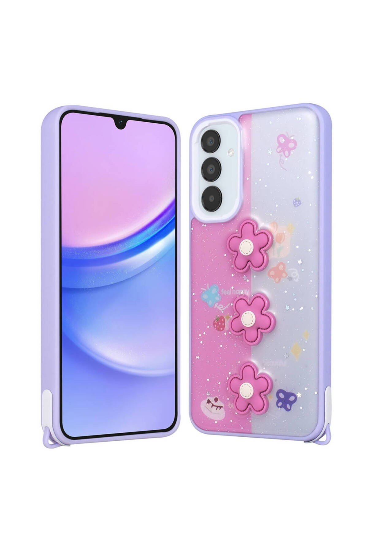 Galaxy A24 Kılıf Parlayan Simli Kabartma Figürlü NVTH Cevze Kapak - Mor Papatya