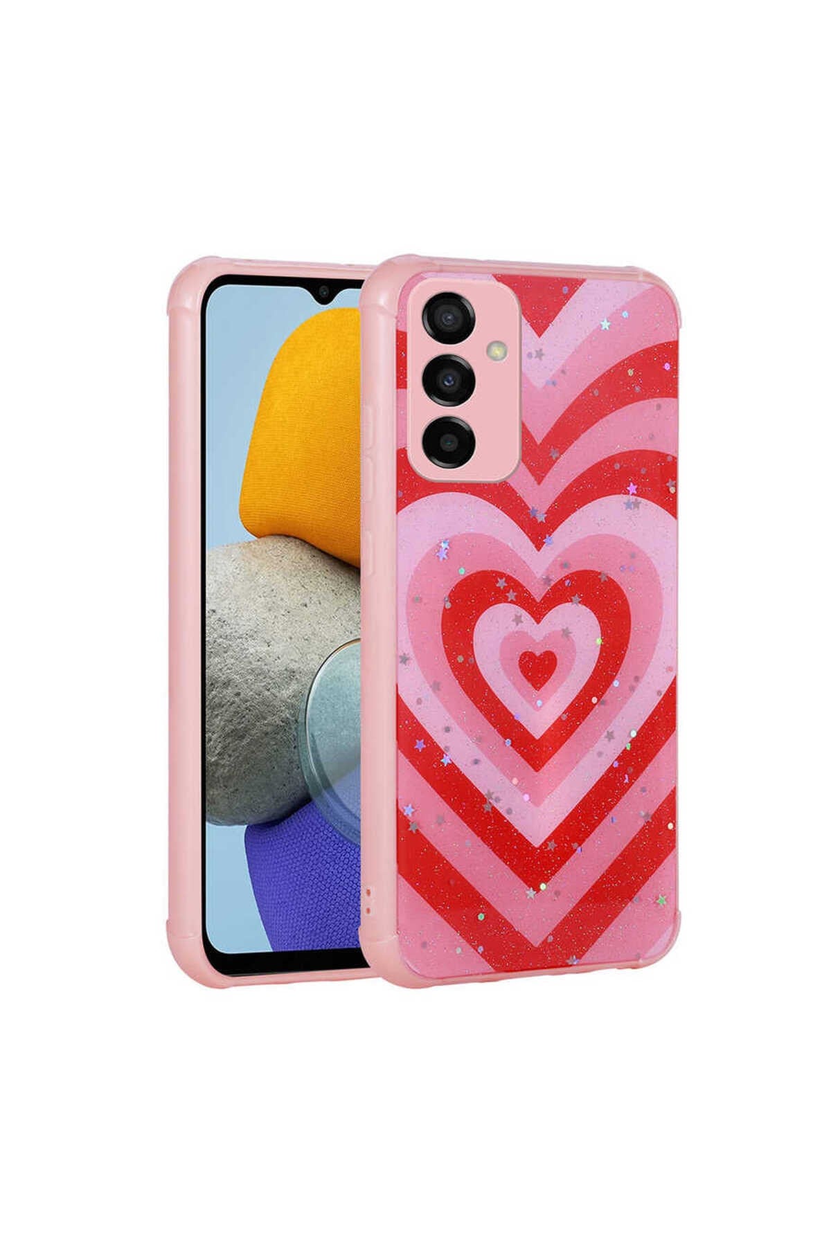 Galaxy M23 Kılıf Simli Desenli Kamera Korumalı Parlak NVTH Popy Kapak - Kalp