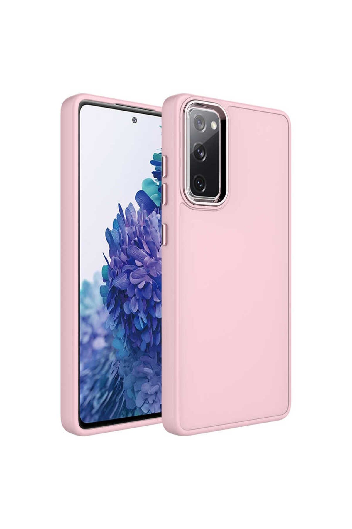 Galaxy S20 FE Uyumlu Metal Çerçeve ve Buton Tasarımlı Silikon NVTH Luna Kılıf-Pembe