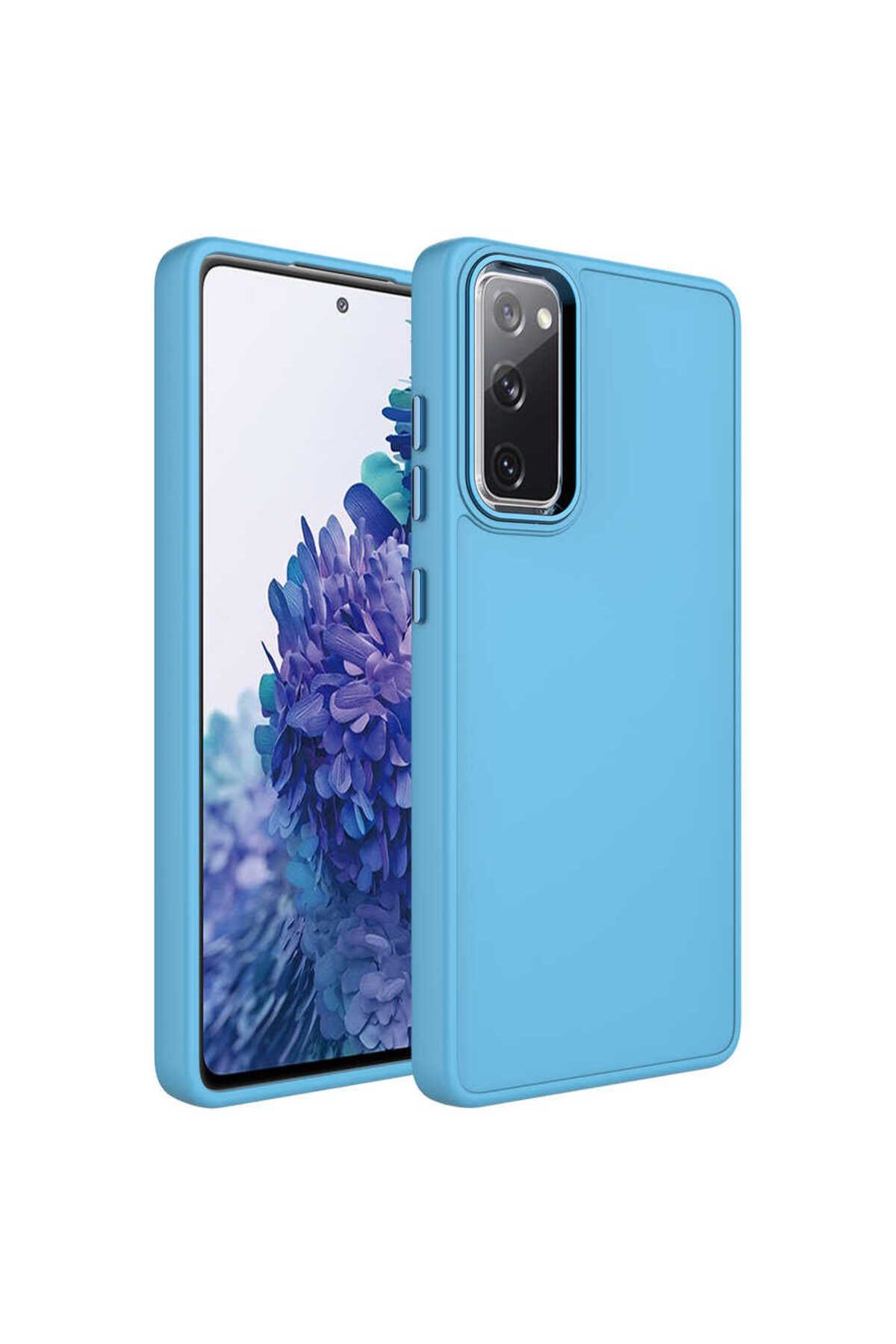 Galaxy S20 FE Uyumlu Metal Çerçeve ve Buton Tasarımlı Silikon NVTH Luna Kılıf-Sierra Mavi