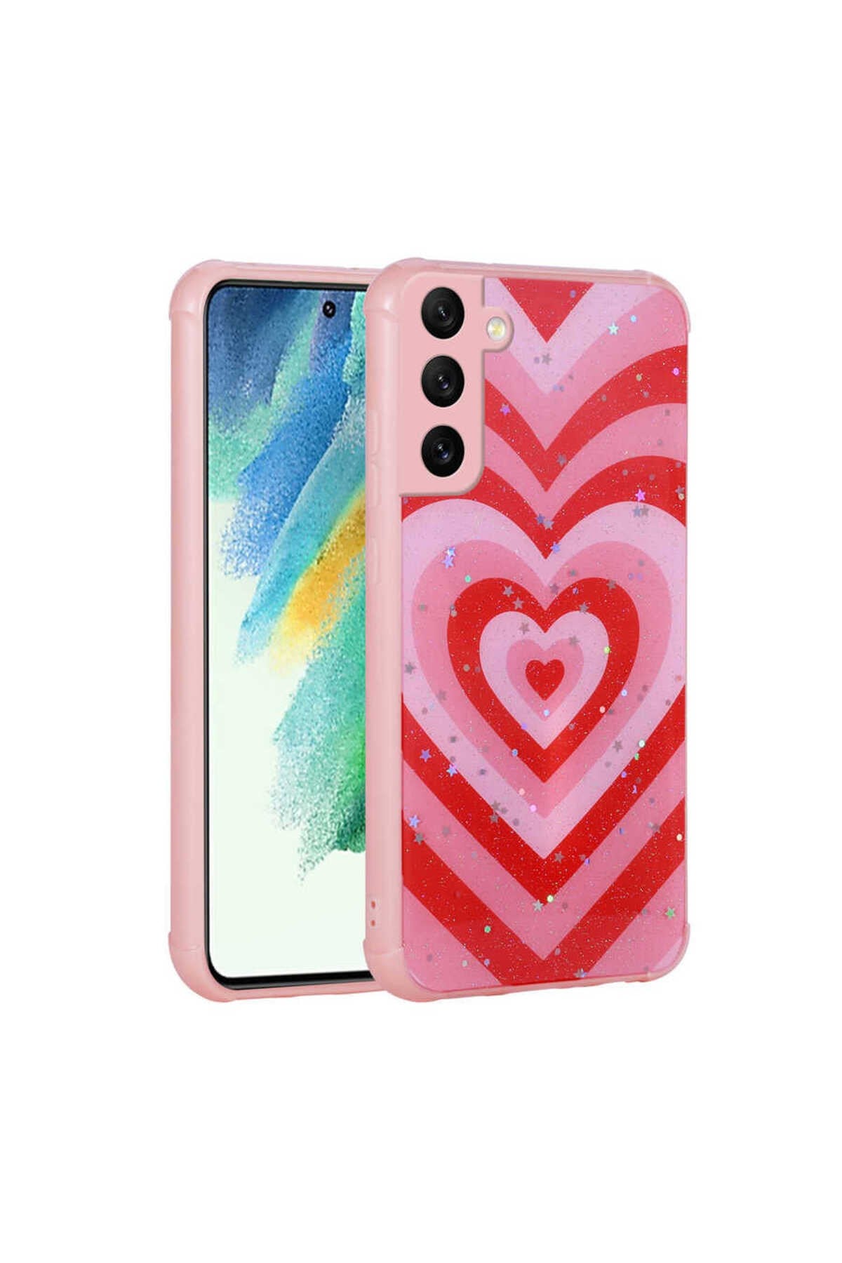 Galaxy S21 FE Uyumlu Simli Desenli Kamera Korumalı Parlak NVTH Popy Kılıf-Kalp