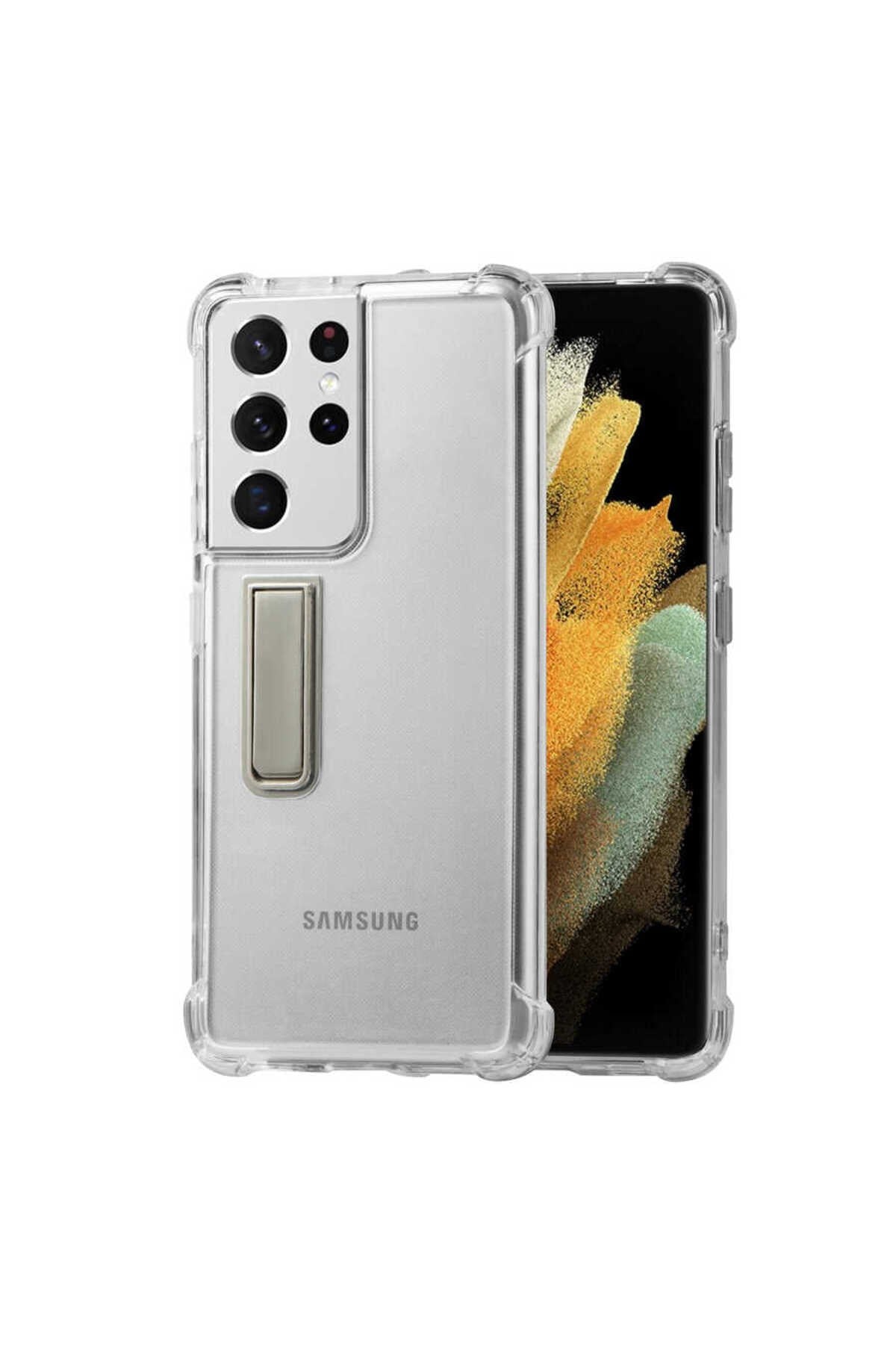 Galaxy S21 Ultra Uyumlu NVTH Standlı Süper Silikon Kılıf-Renksiz