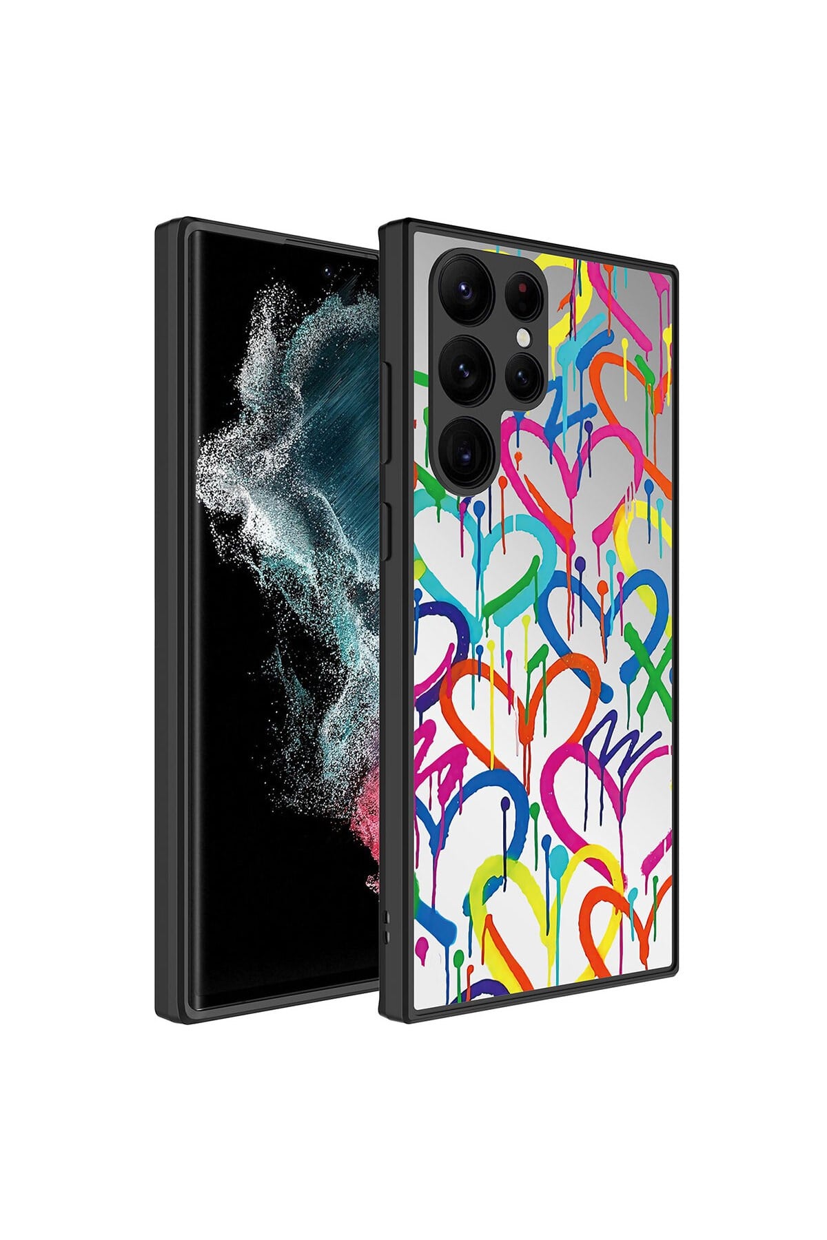 Galaxy S22 Ultra Uyumlu Aynalı Desenli Kamera Korumalı Parlak NVTH Mirror Kılıf-Kalp