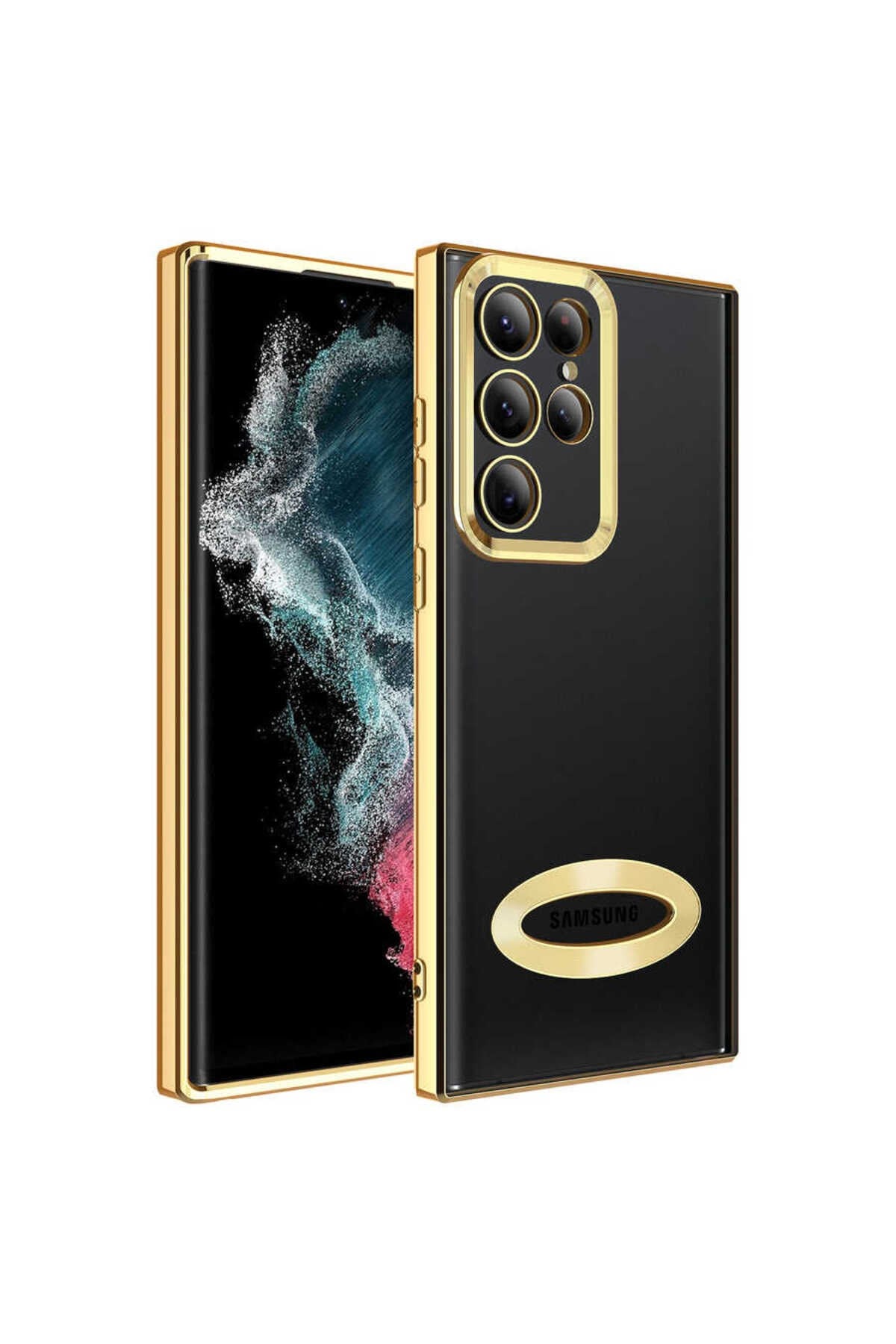 Galaxy S22 Ultra Uyumlu Kamera Korumalı Logo Gösteren NVTH Omega Kılıf-Gold