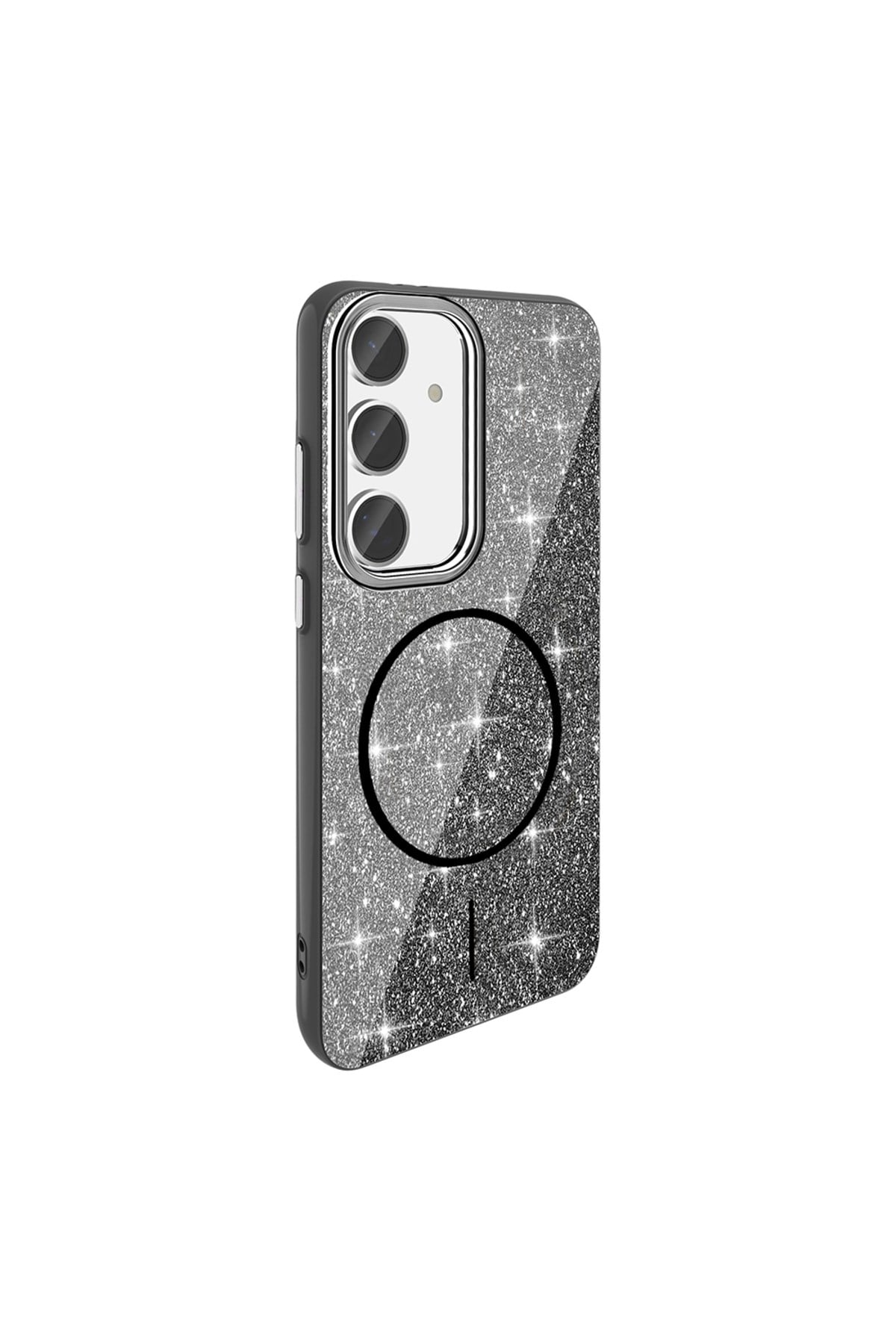 Galaxy S23 FE Kılıf Magsafe Şarj Özellikli Parlayan Simli NVTH Okso Kapak - Siyah