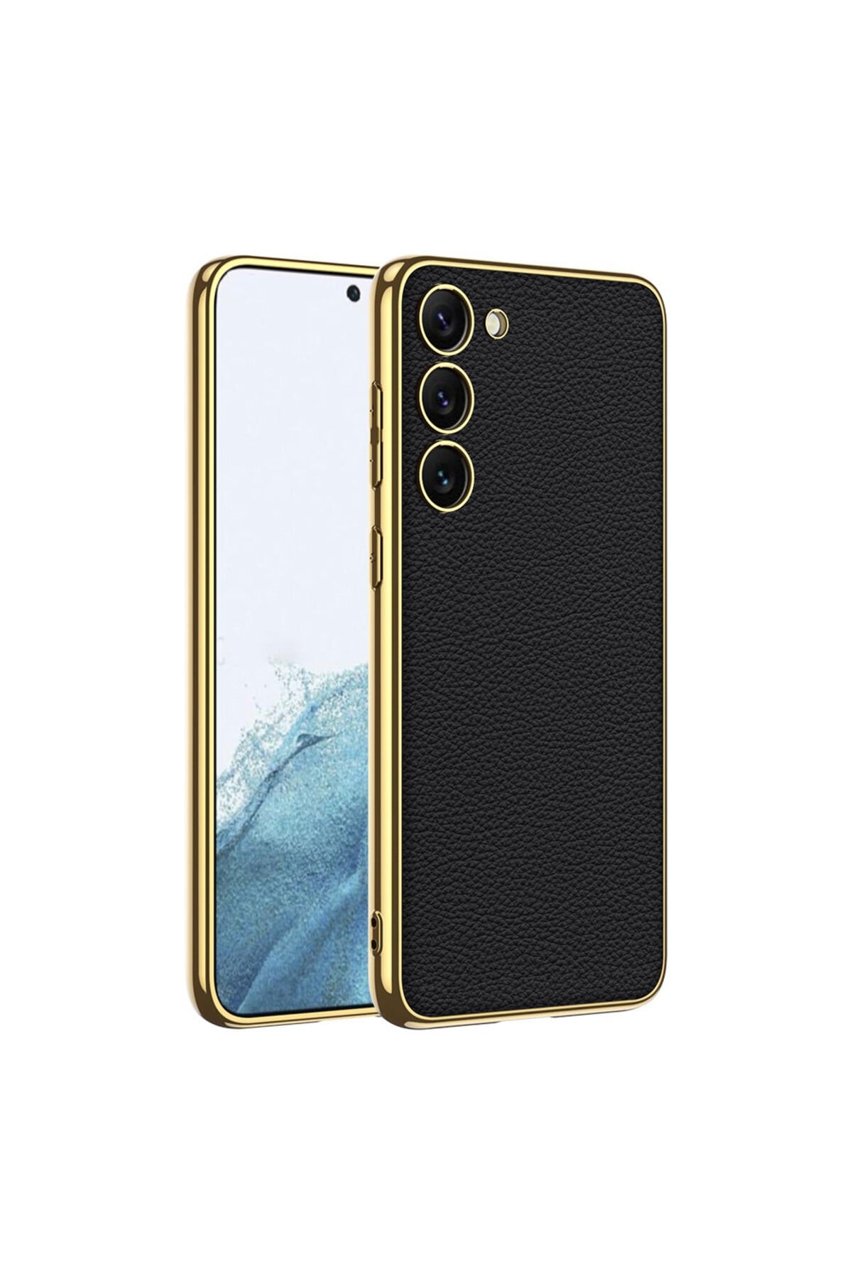 Galaxy S23 Plus Uyumlu Deri Görünümlü Kenarları Elektroplating Kaplama NVTH Fizyon Kılıf-Siy