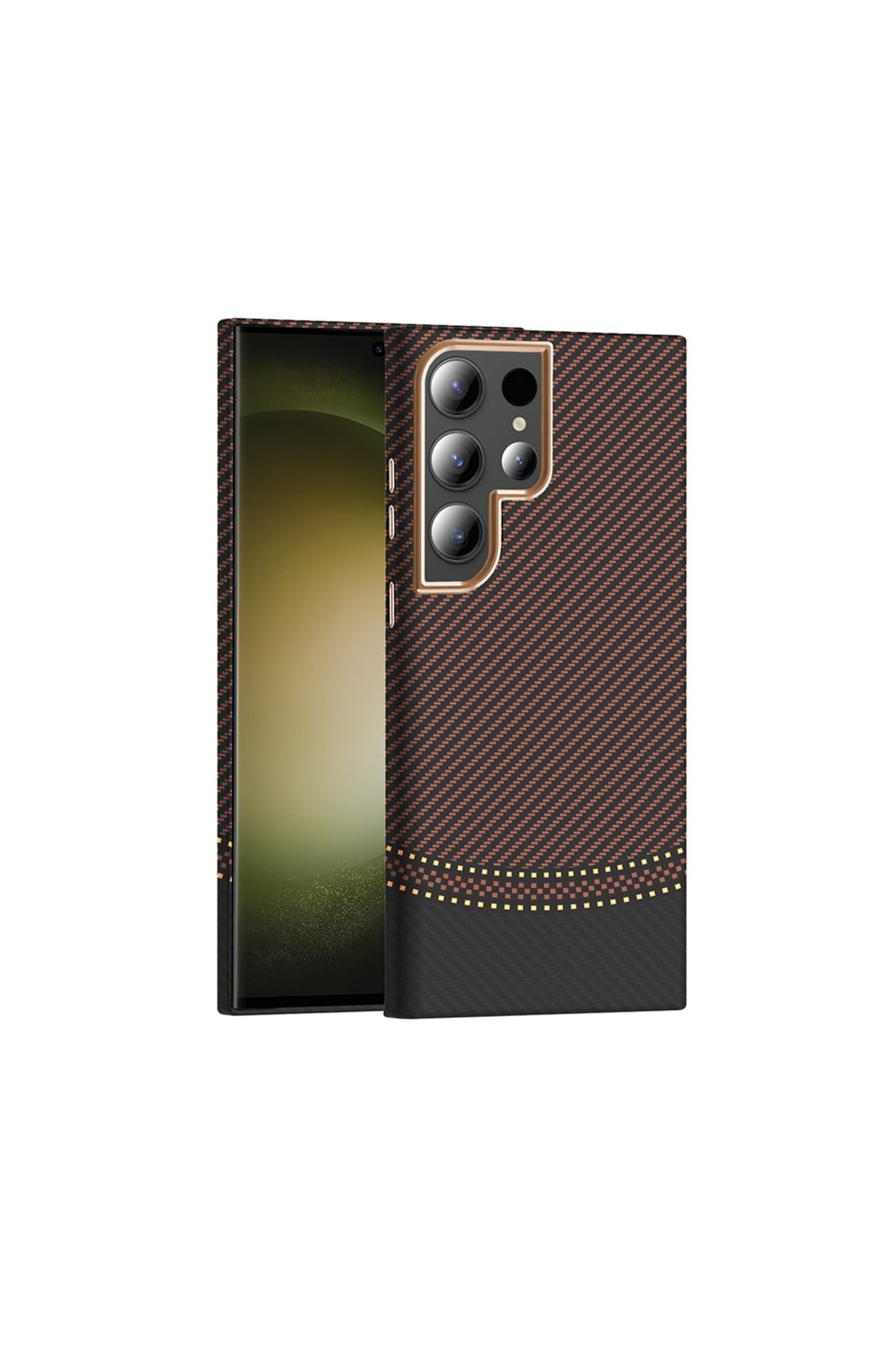 Galaxy S24 Ultra Kılıf M-safe Şarj Özellikli Karbon Fiber Görünümlü NVTH Gros Kapak - Gold-Siyah