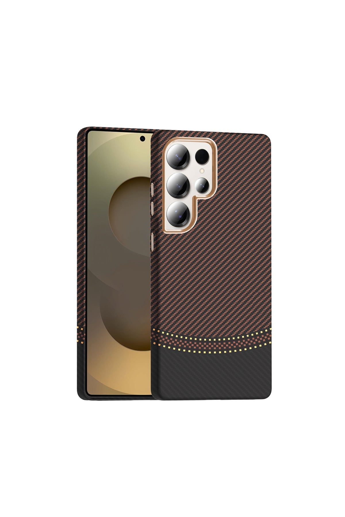 Galaxy S25 Ultra Kılıf M-safe Şarj Özellikli Karbon Fiber Görünümlü NVTH Gros Kapak - Gold-Siyah