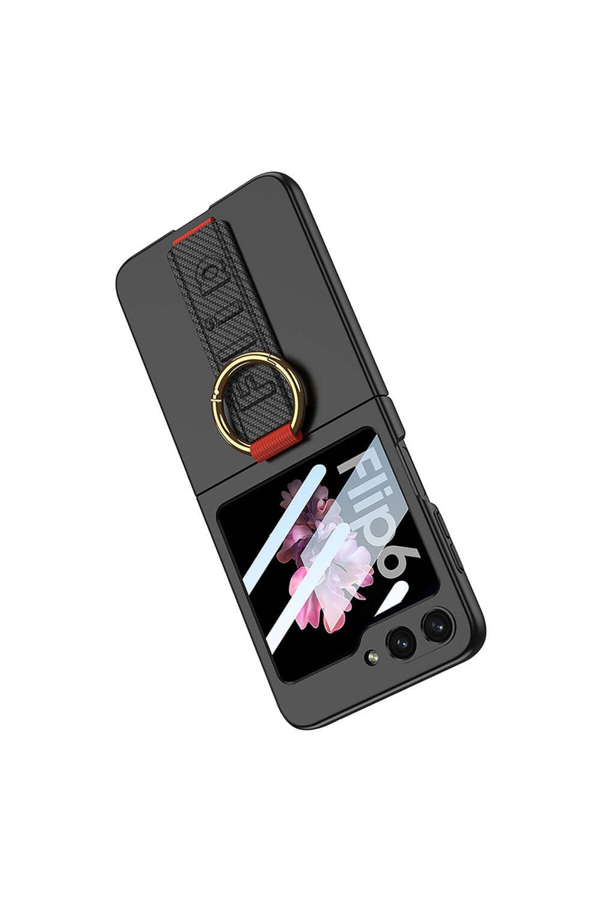 Galaxy Z Flip 6 Kılıf Kamera Korumalı Yüzüklü Karbon Tasarımlı NVTH Flip Ring Kıpta Kapak-Siyah