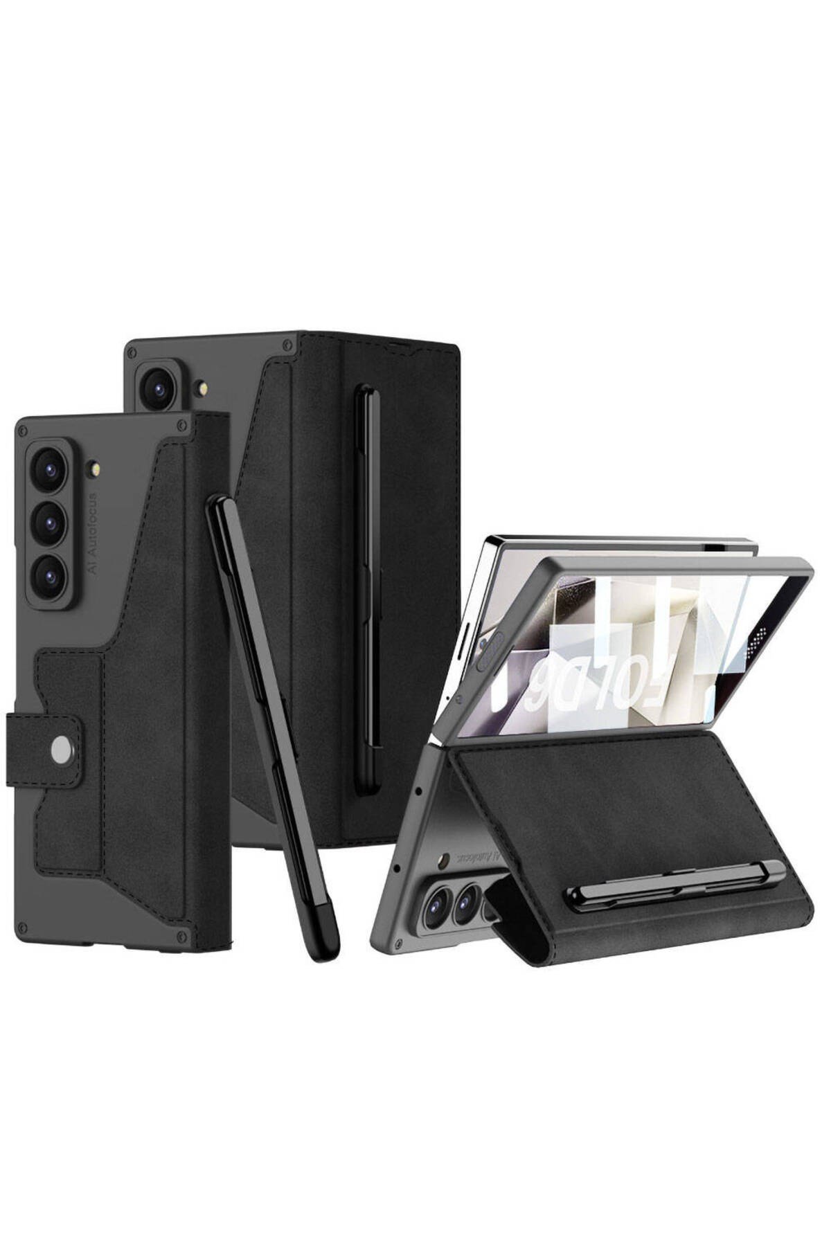 Galaxy Z Fold 6 Kılıf Kamera Korumalı Kadife Tasarımlı NVTH Kıpta Kalemli Fest Kapak-Siyah