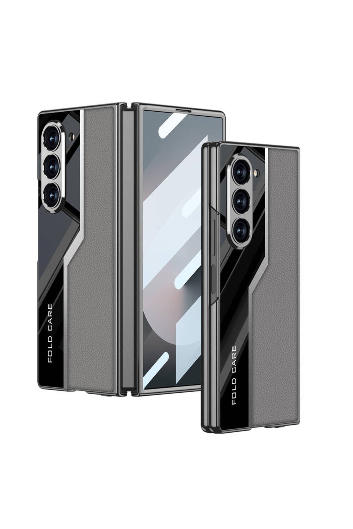 Galaxy Z Fold 6 Kılıf Ultra İnce Kamera Korumalı PC + Deri Arka Yüzey NVTH Kıpta Poligan Kapak-Gri