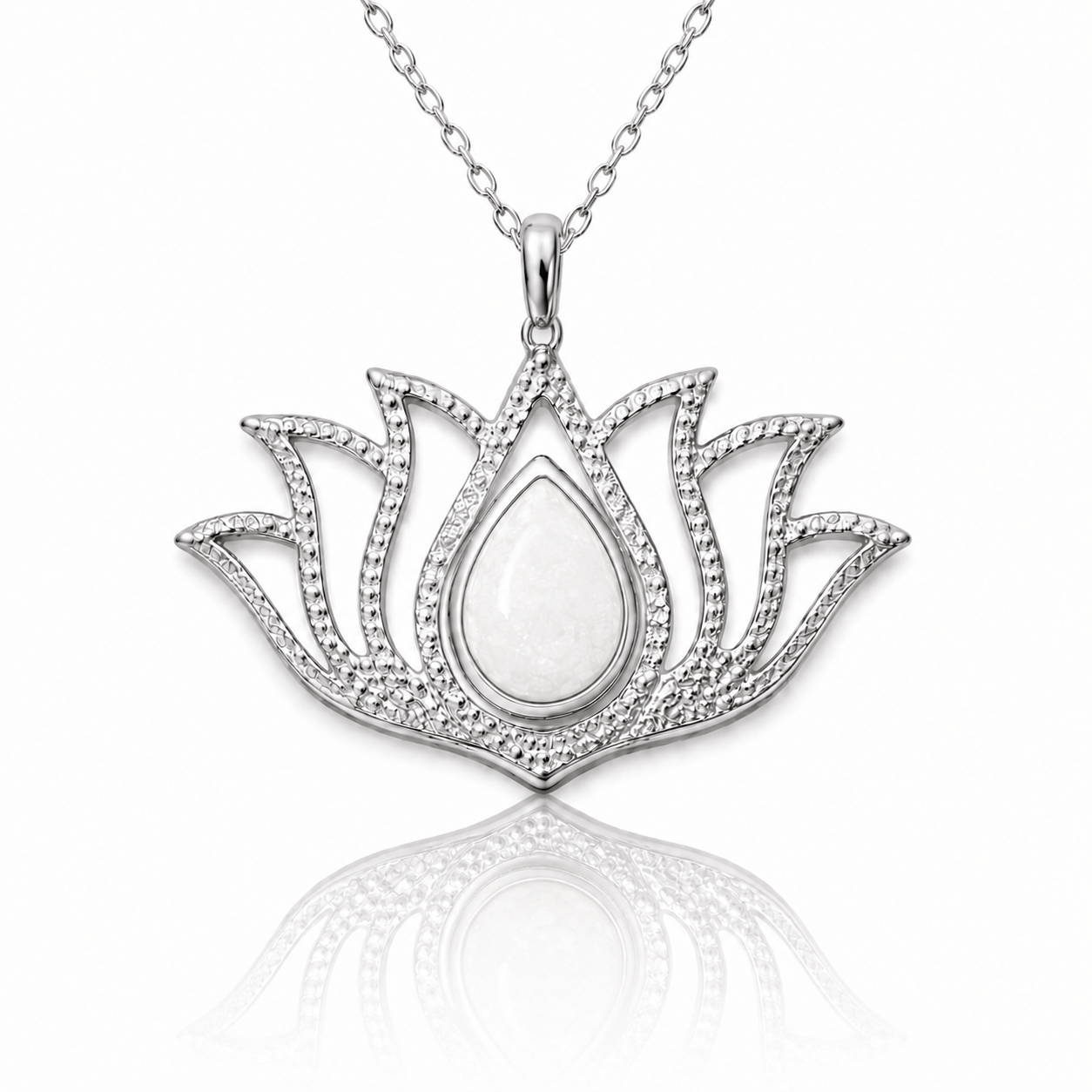 Gümüş Beyaz Opal Taşlı Lotus Kadın Kolye