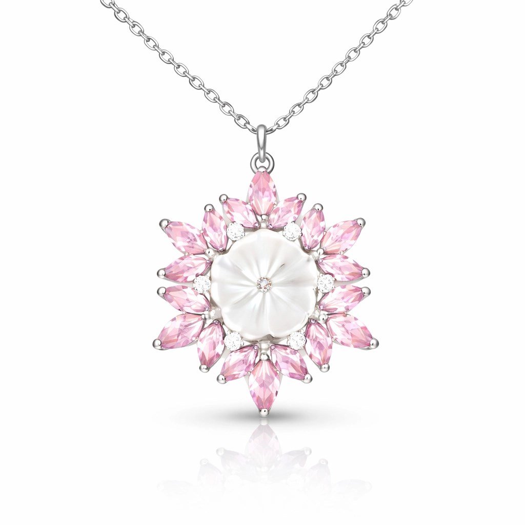 Gümüş Pembe Lotus Desenli Çiçek Kadın Kolye