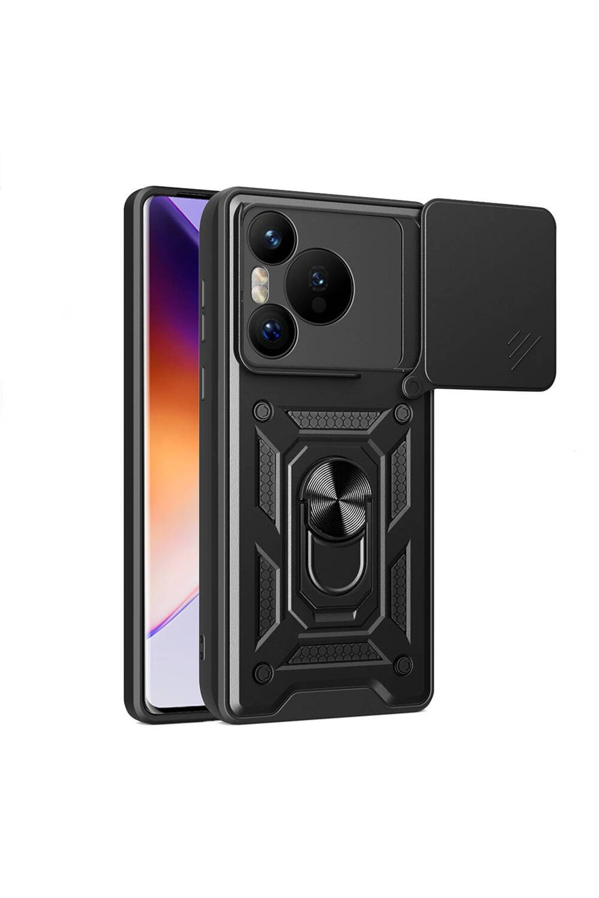 Huawei Pura 70 5G Kılıf Magnetik Standlı Kamera Korumalı NVTH Sürgülü Vega Kapak - Siyah