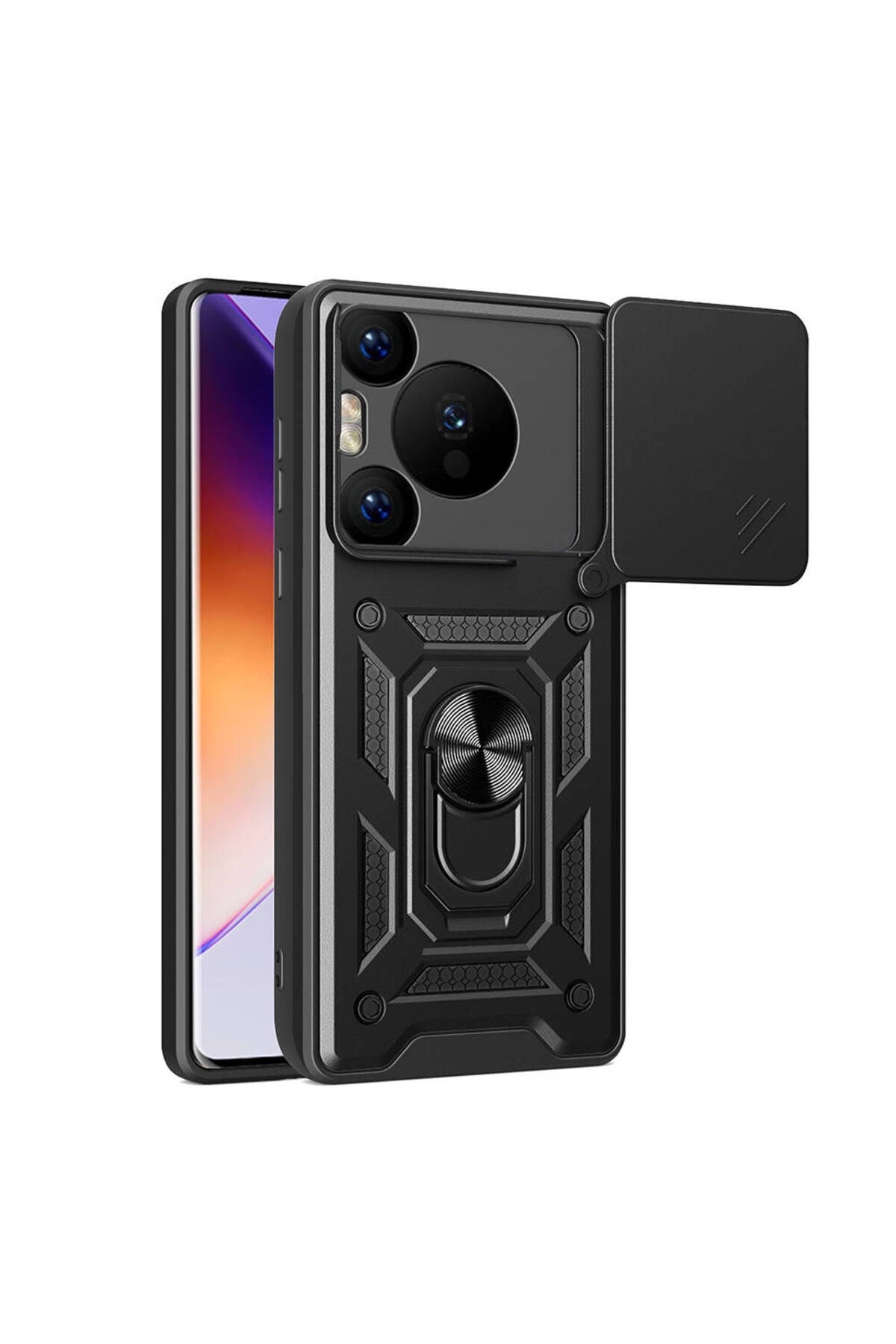 Huawei Pura 70 Pro 5G Kılıf Magnetik Standlı Kamera Korumalı NVTH Sürgülü Vega Kapak - Siyah