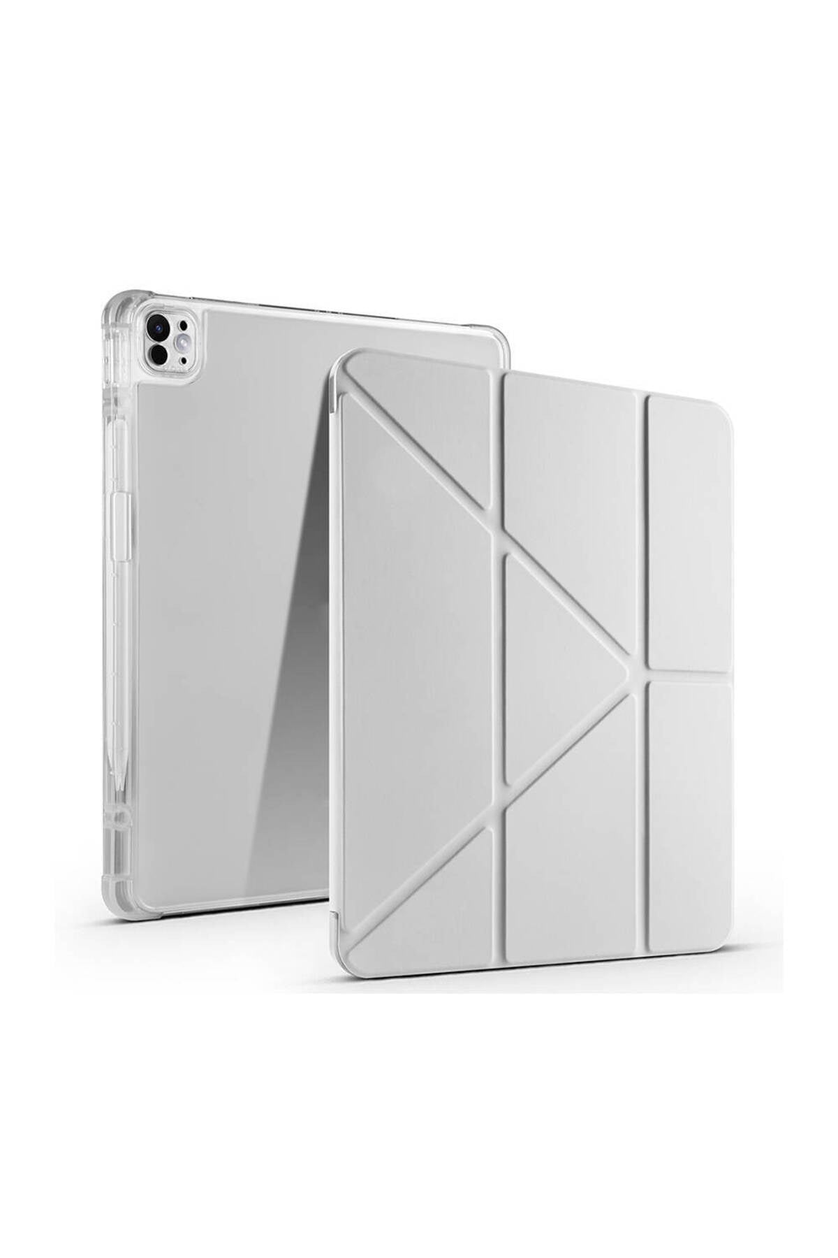 iPad Pro 13 2024 Kılıf NVTH Tri Folding Kalem Bölmeli Standlı Kılıf - Gri