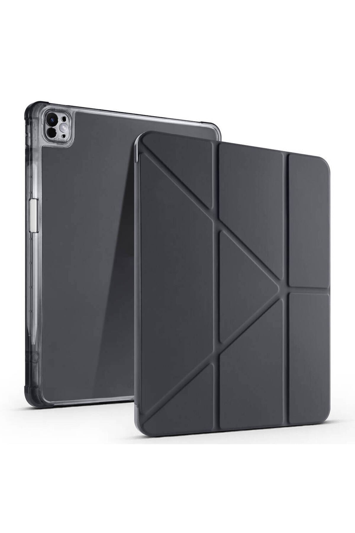 iPad Pro 13 2024 Kılıf NVTH Tri Folding Kalem Bölmeli Standlı Kılıf - Siyah