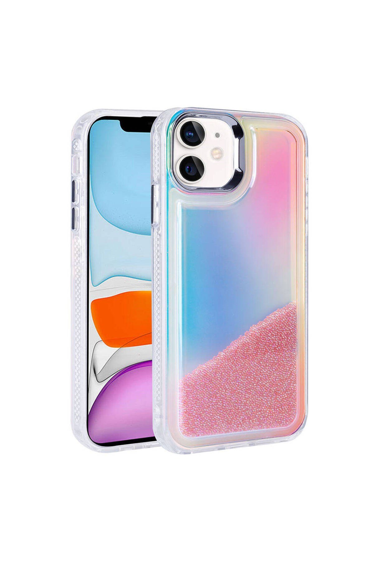 iPhone 11 Kılıf Airbagli Renkli Arka Yüzey Boncuk Tasarımlı NVTH Kumul Kapak - Pembe