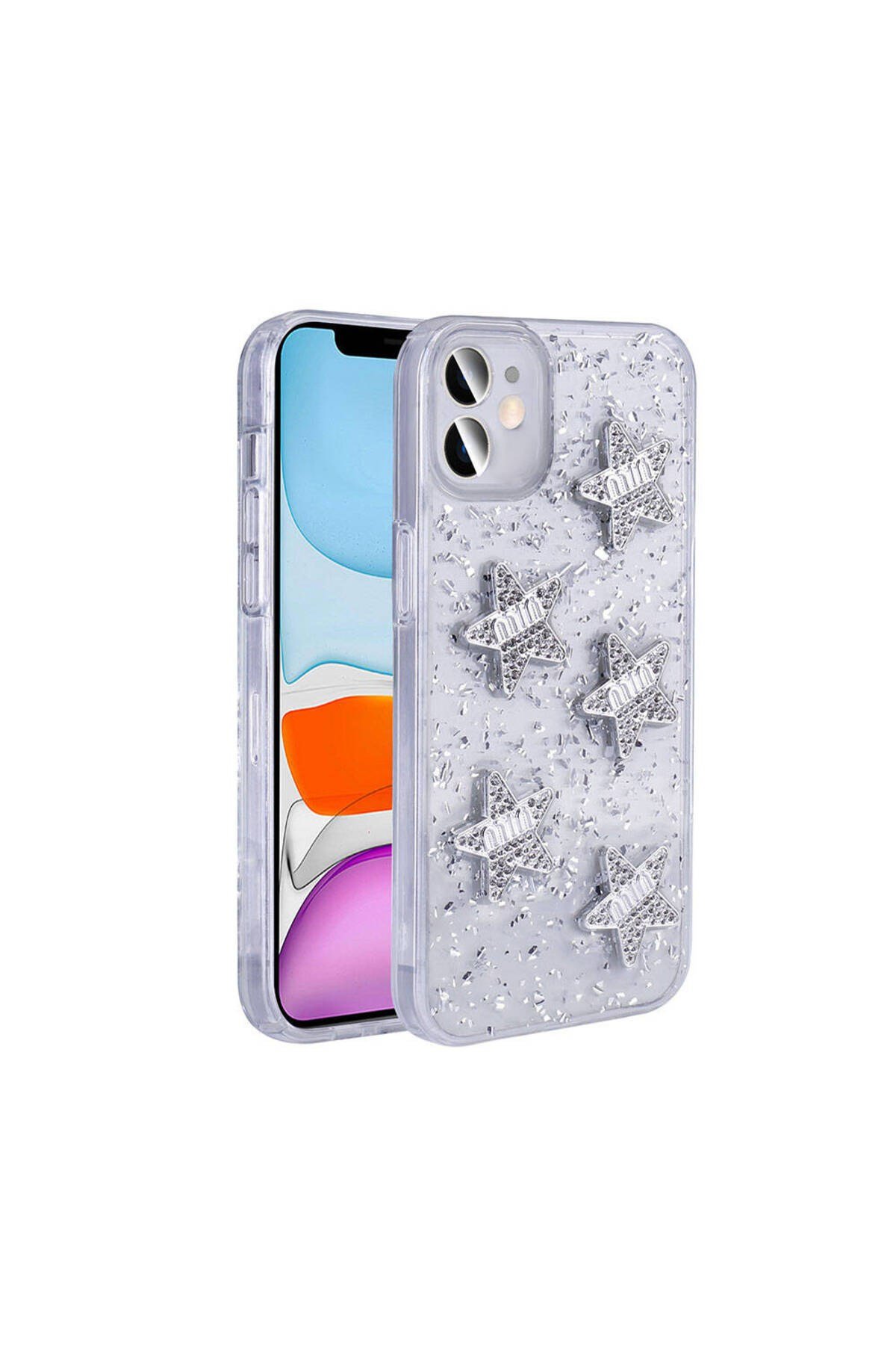 iPhone 11 Kılıf Airbagli Simli Arka Yüzey NVTH Işıltı Silikon Kapak - Beyaz-Yıldız