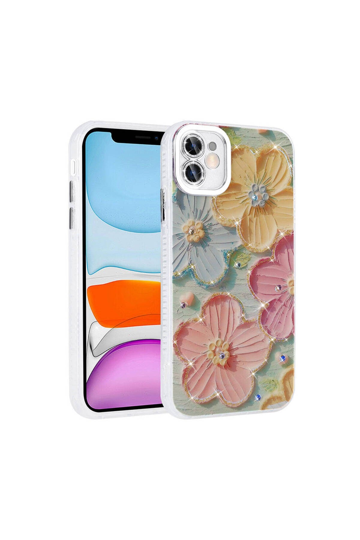 iPhone 11 Kılıf Çiçek Desenli Parlak Taşlı Sert Silikon NVTH Garden Kapak - Colorful
