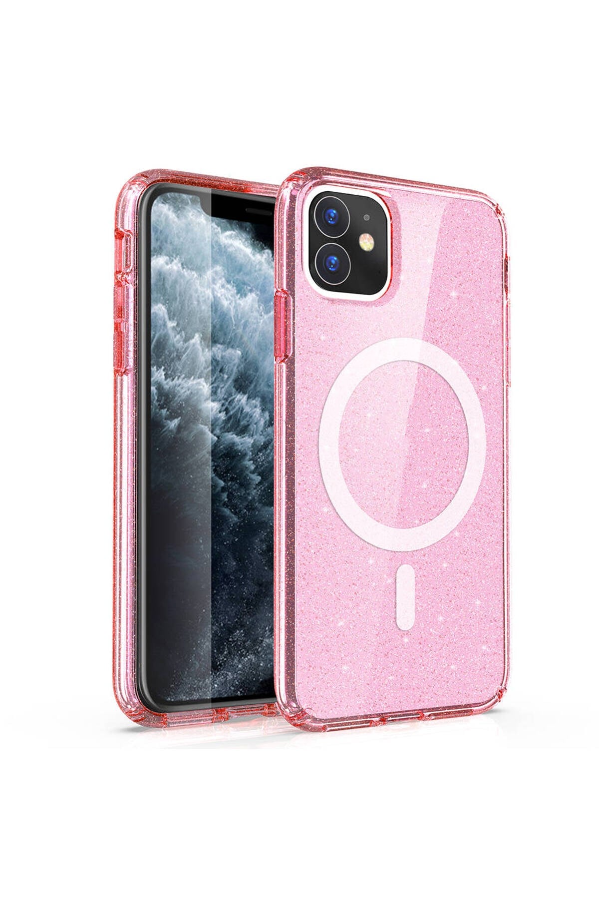 iPhone 11 Kılıf Magsafe Şarj Özellikli Parlayan Simli Saydam Renkli NVTH Allstar Kapak - Pembe