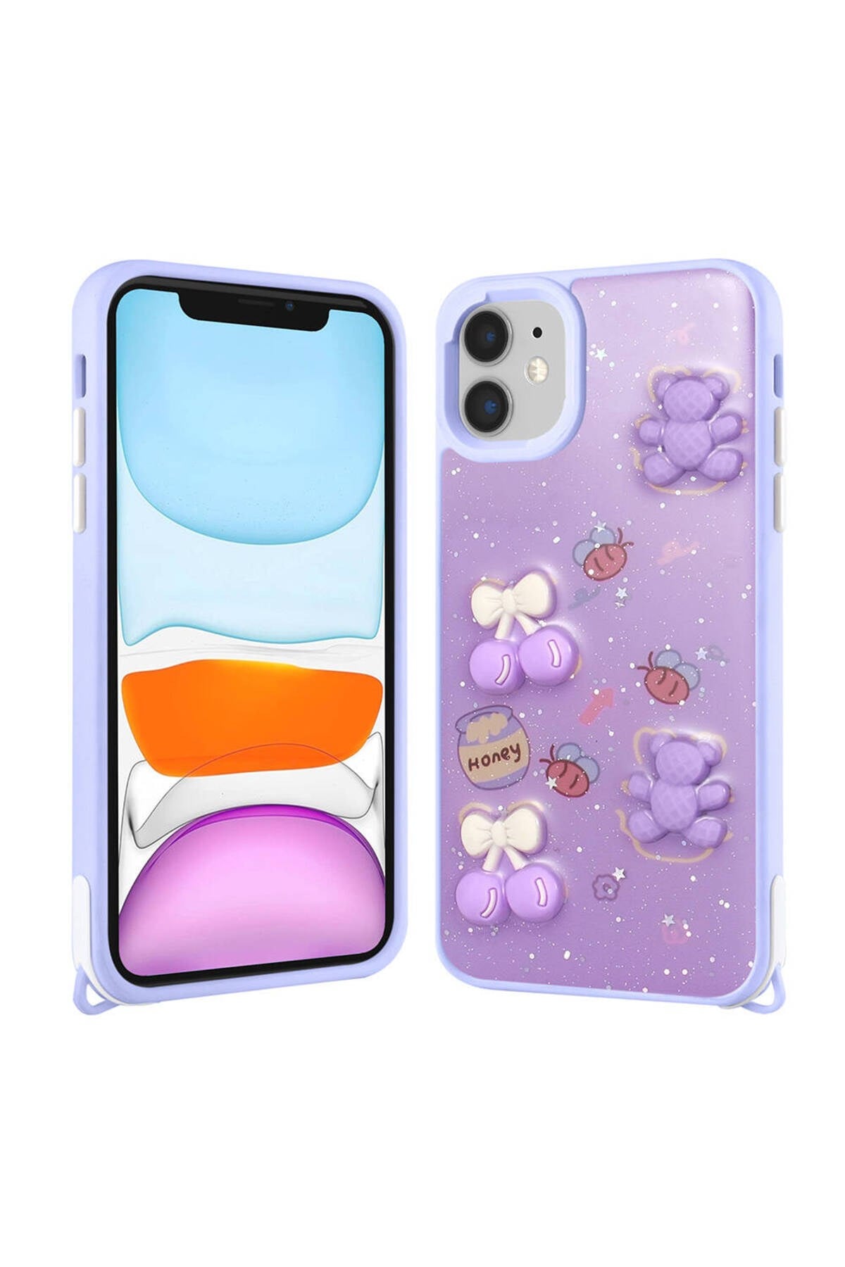 iPhone 11 Kılıf Parlayan Sıvılı Simli Kabartma Figürlü NVTH Cevze Kapak-Mor Ayı