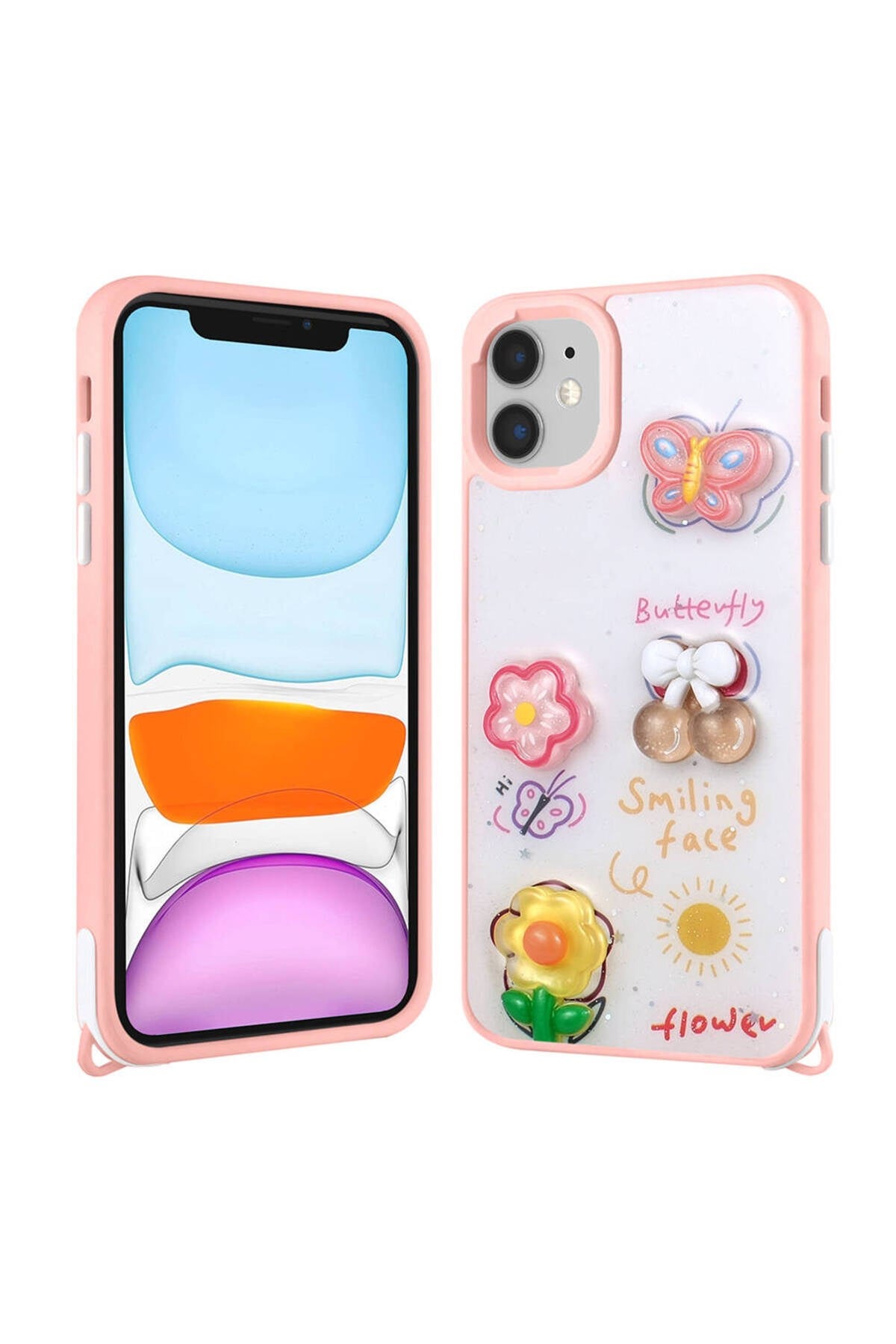 iPhone 11 Kılıf Parlayan Sıvılı Simli Kabartma Figürlü NVTH Cevze Kapak-Pembe