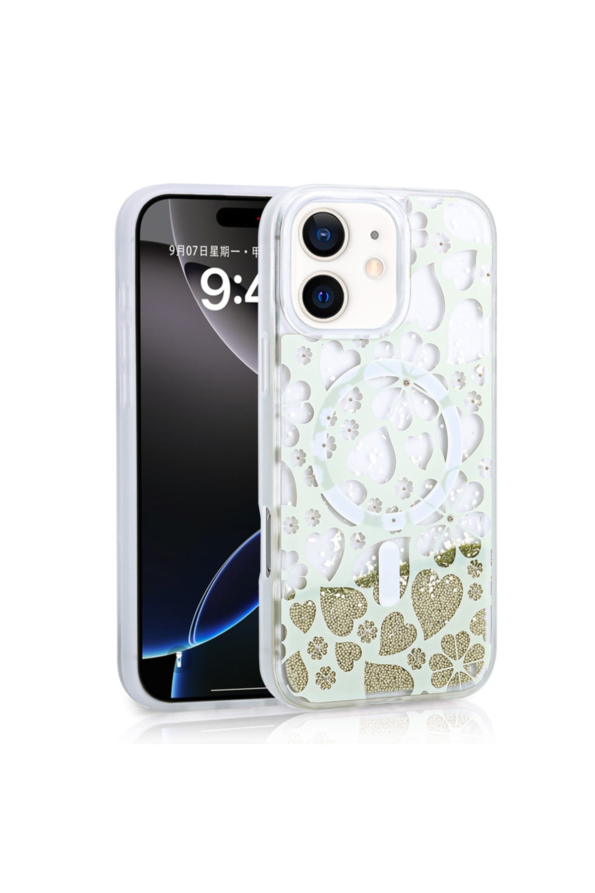 iPhone 11 Kılıf Sıvılı Simli Baskılı Şeffaf Arka Yüzey NVTH Mossa Silikon Kapak - Gold