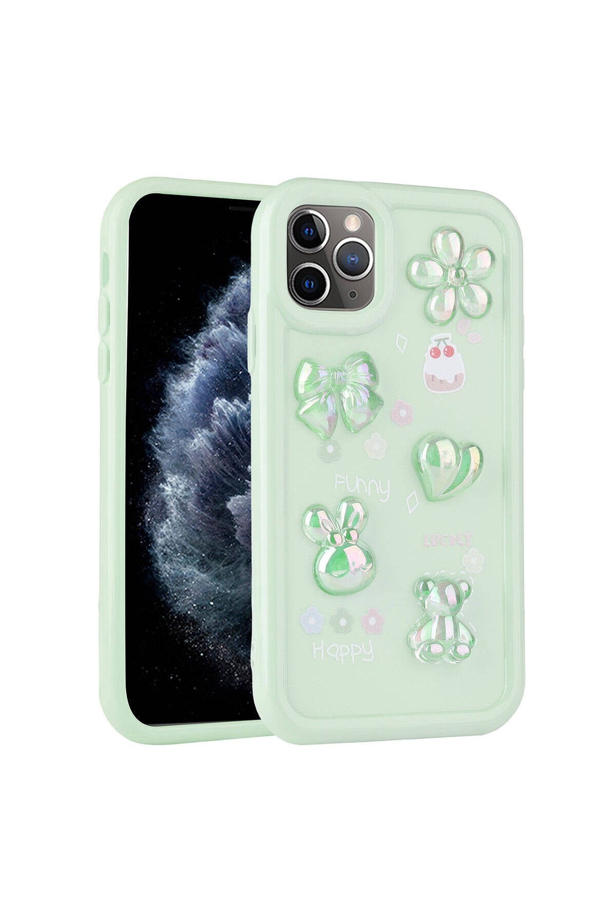 iPhone 11 Pro Max Uyumlu Kabartma Figürlü Parlak NVTH Toys Silikon Kılıf-Açık Yeşil