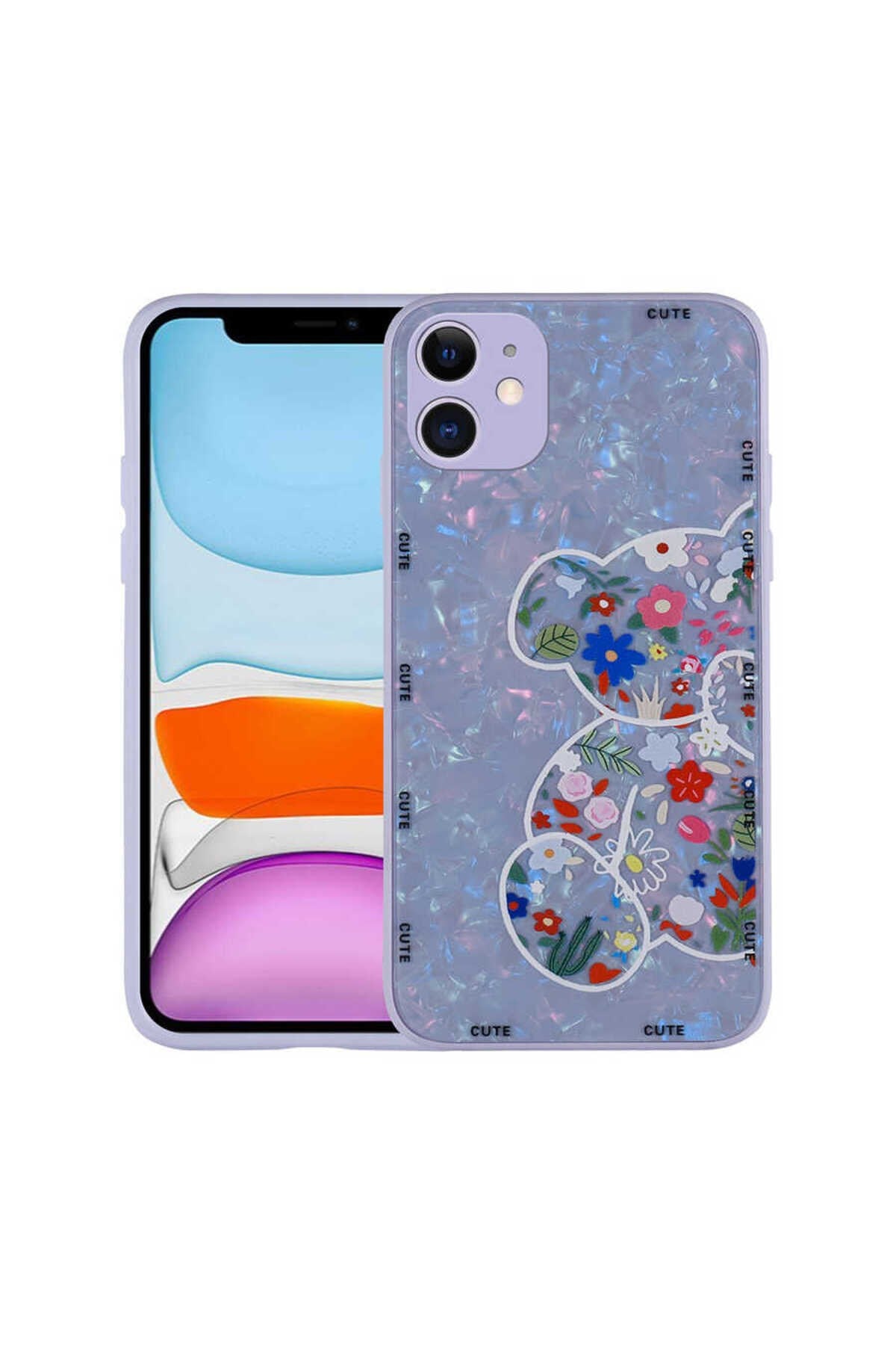 iPhone 11 Uyumlu Desenli Sert Silikon NVTH Mumila Kılıf-Lilac Bear