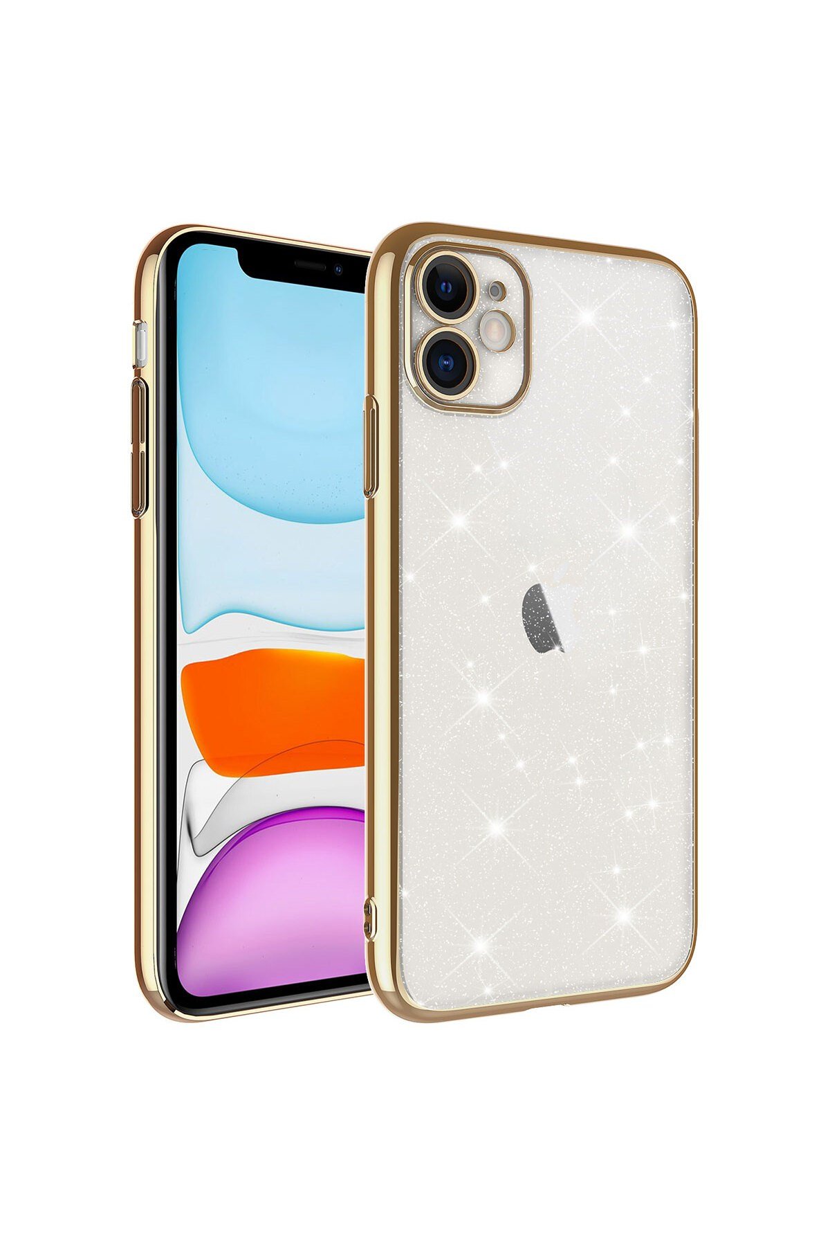 iPhone 11 Uyumlu Kamera Korumalı Renkli Çerçeveli Simli NVTH Garage Kılıf-Gold
