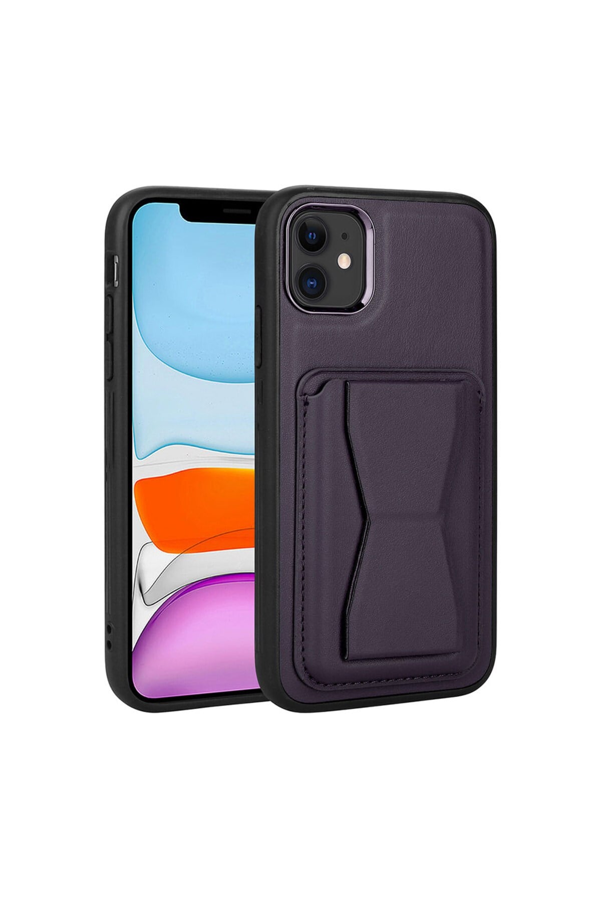 iPhone 11 Uyumlu Kartlıklı Standlı Pu Deri NVTH Memo Kılıf-Koyu Mor