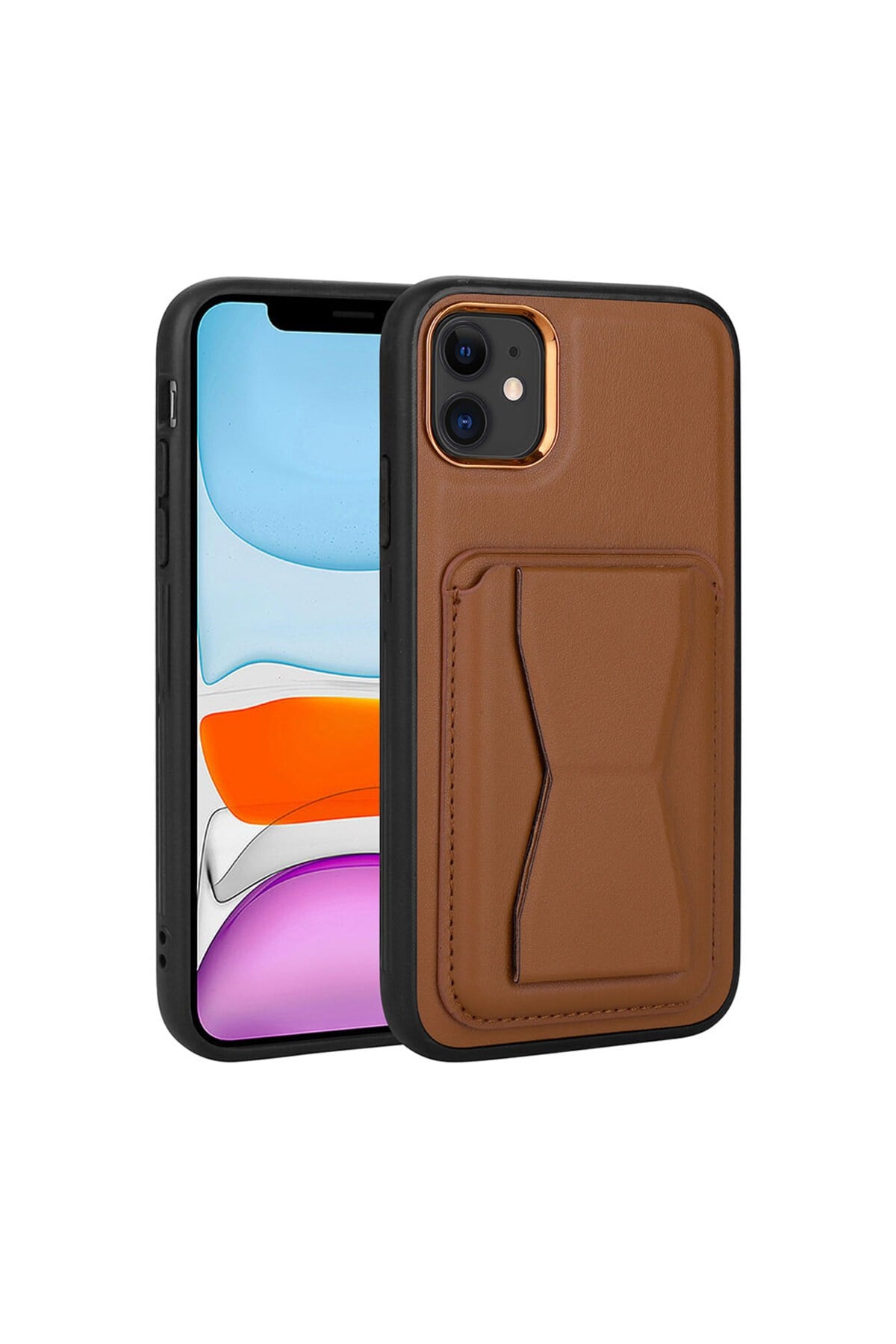 iPhone 11 Uyumlu Kartlıklı Standlı Pu Deri NVTH Memo Kılıf-Kahverengi