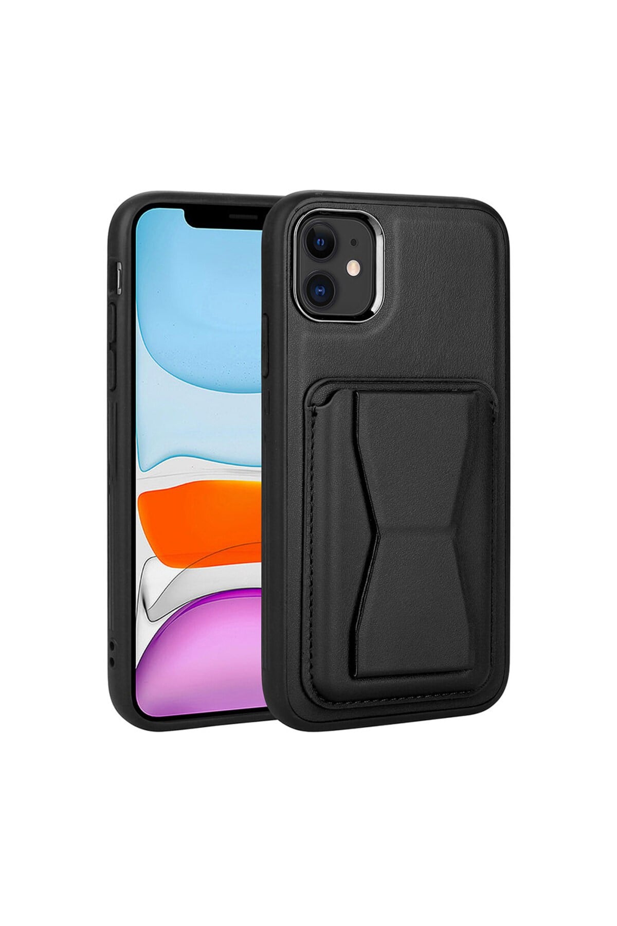 iPhone 11 Uyumlu Kartlıklı Standlı Pu Deri NVTH Memo Kılıf-Siyah