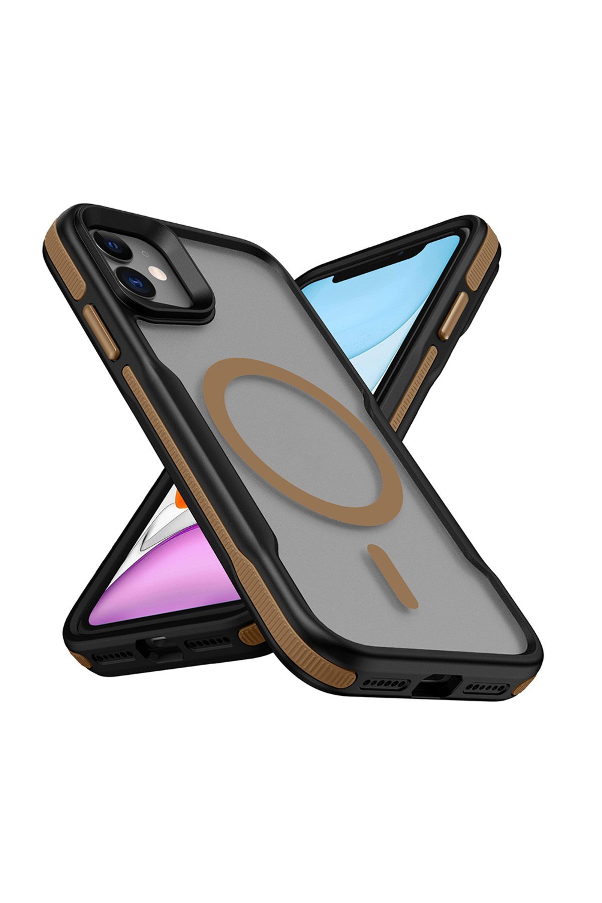 iPhone 11 Uyumlu Magsafe Şarj Özellikli Renkli Kenar Airbag Şeritli NVTH Lamer Kapak-Titanyum-Gold