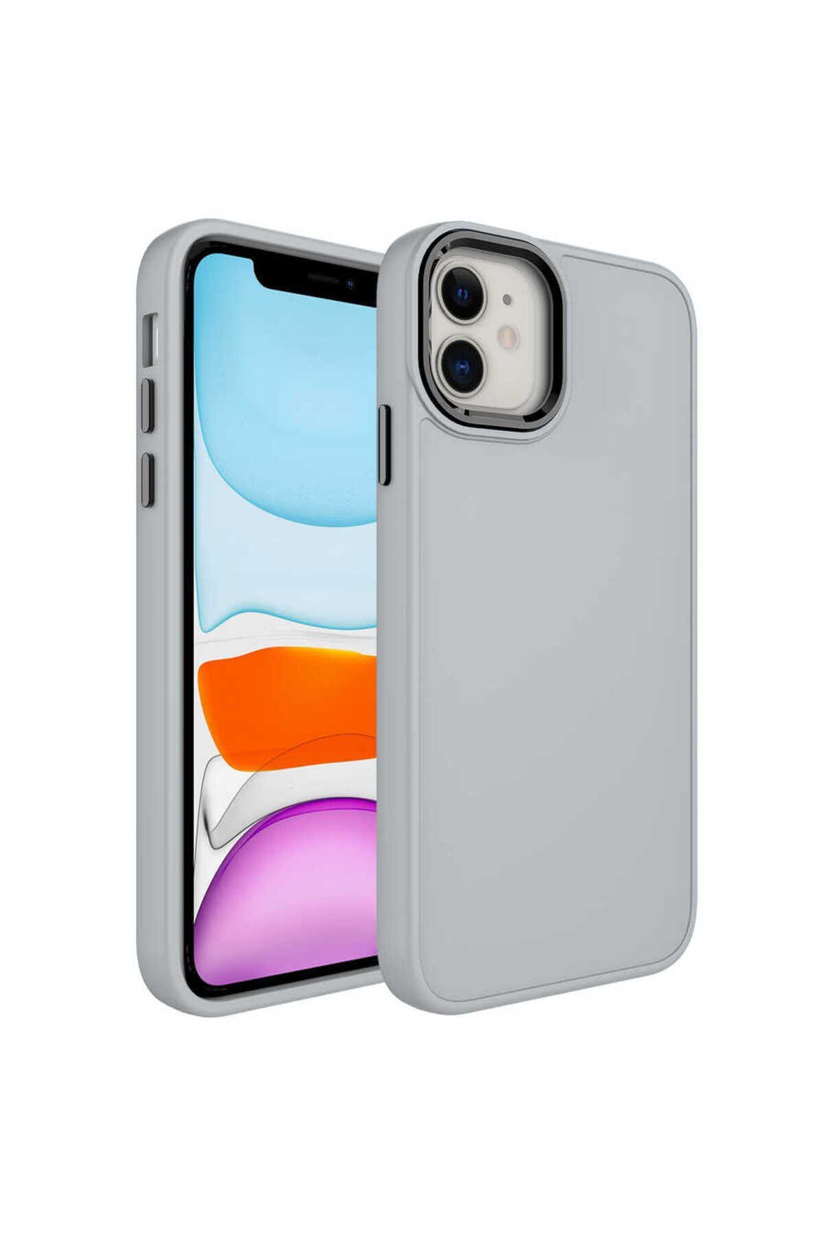 iPhone 11 Uyumlu Metal Çerçeve ve Buton Tasarımlı Silikon NVTH Luna Kılıf-Gümüş