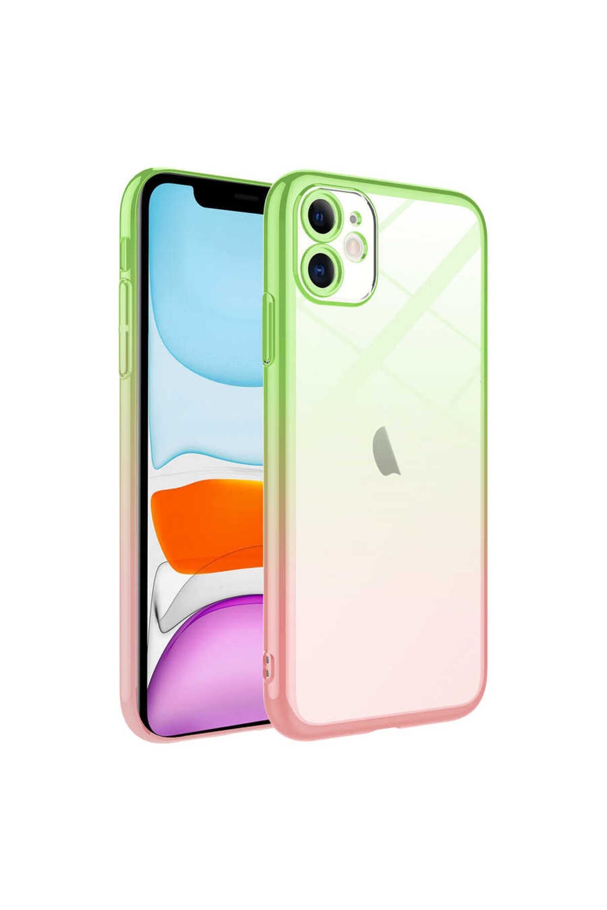 iPhone 11 Uyumlu Parlak Renk Geçişli Kamera Korumalı NVTH Senkron Kılıf-Pembe-Yeşil