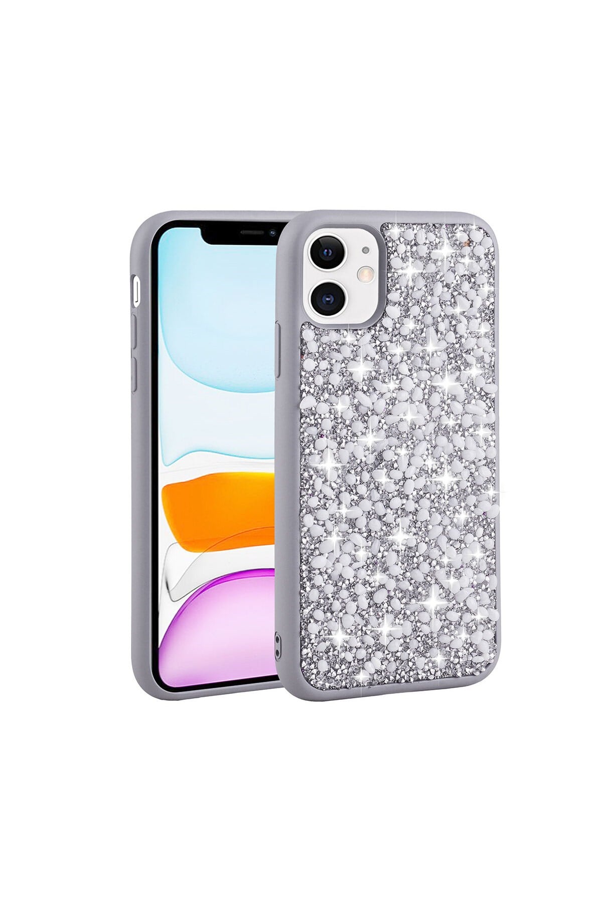 iPhone 11 Uyumlu Parlak Taşlı Tasarım NVTH Linea Kılıf-Gümüş