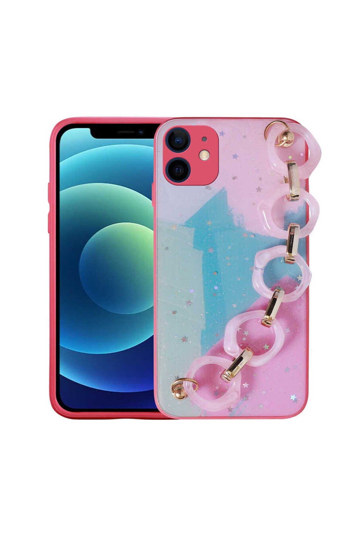 iPhone 11 Uyumlu Simli Desenli El Askılı Tutacaklı NVTH Elsa Silikon Kılıf-Pembe Koyu