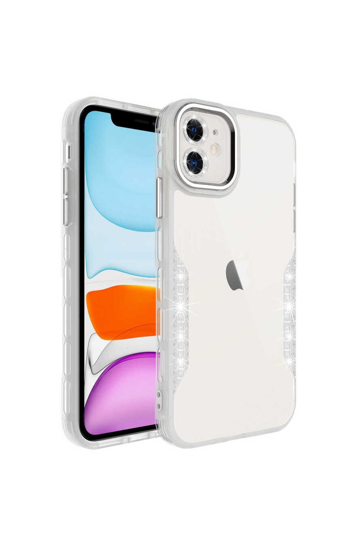 iPhone 11 Uyumlu Simli ve Lens Korumalı NVTH Pano Kılıf-Gümüş