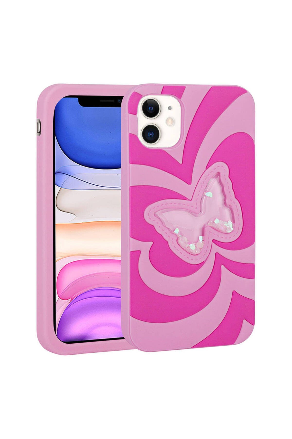 iPhone 11 Uyumlu Sıvılı Simli Kelebekli Tasarım NVTH Vodena Kılıf-Pembe Koyu