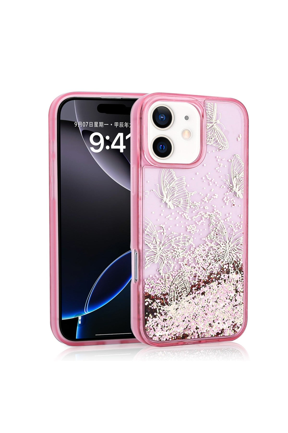 iPhone 12 Kılıf Sıvılı Simli Kelebek Baskılı Şeffaf Arka Yüzey NVTH Glis Silikon Kapak - Pembe