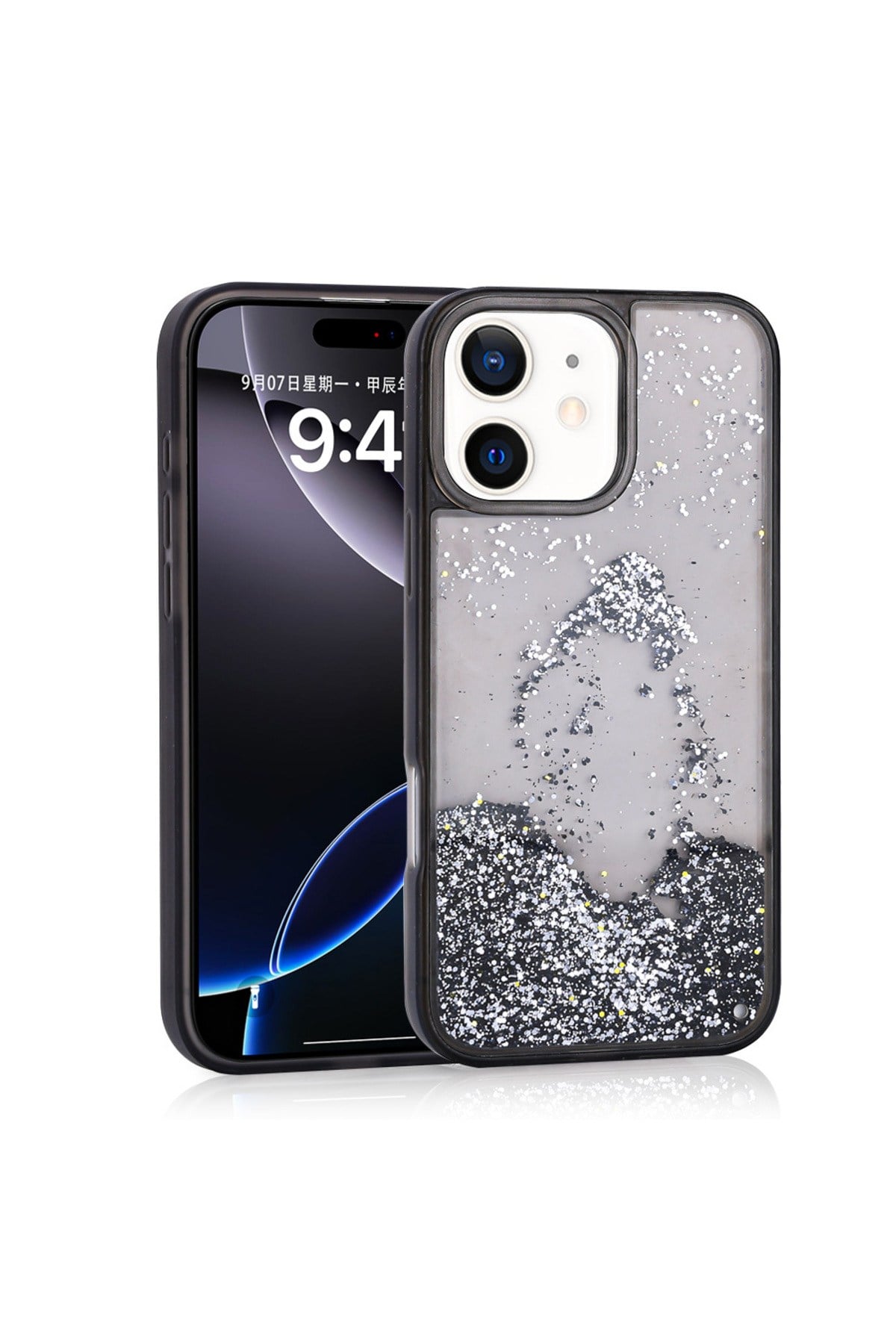 iPhone 12 Kılıf Sıvılı Simli Şeffaf Arka Yüzey NVTH Keto Silikon Kapak - Siyah